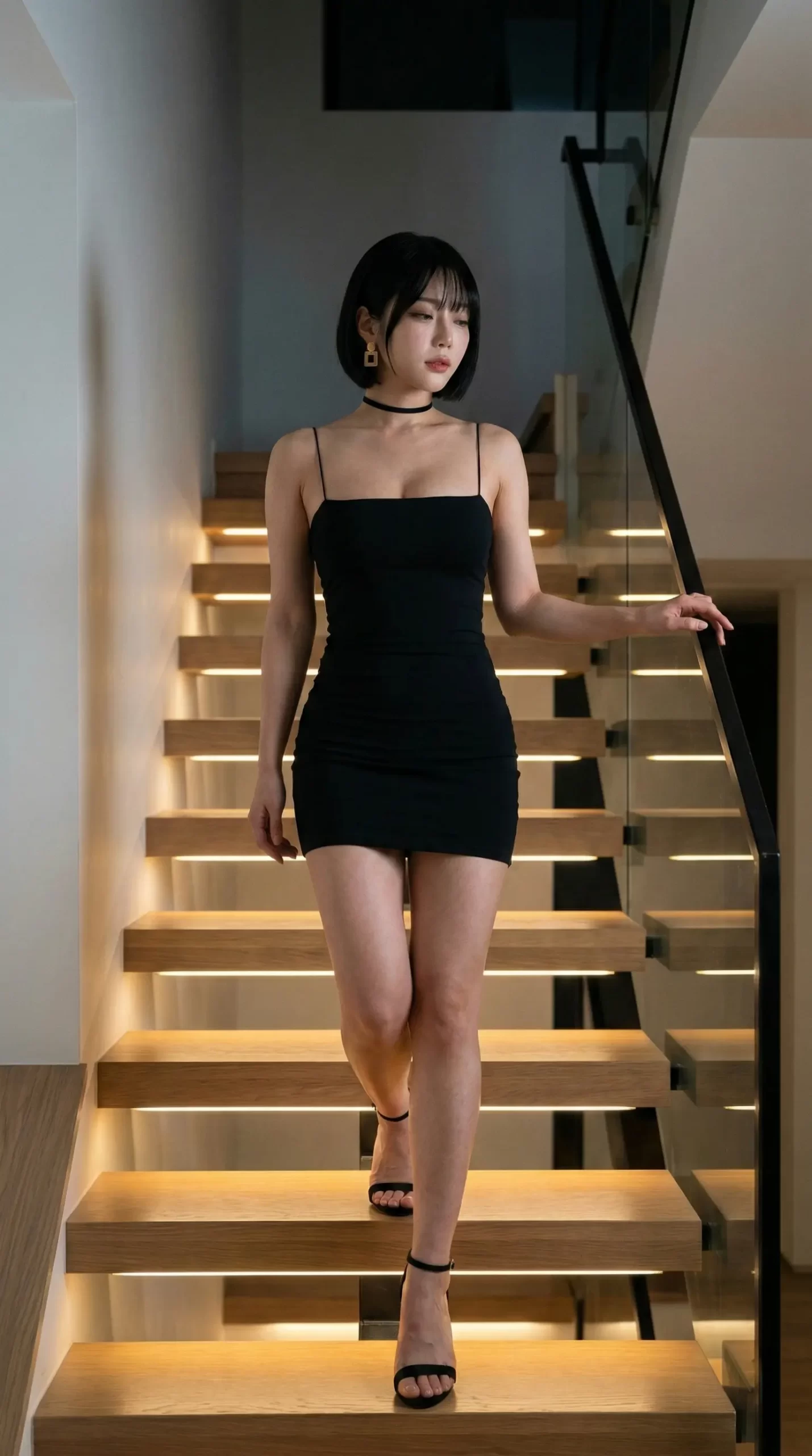 照明付きの木製階段を降りる、黒いミニドレス姿のショートヘアの女性。