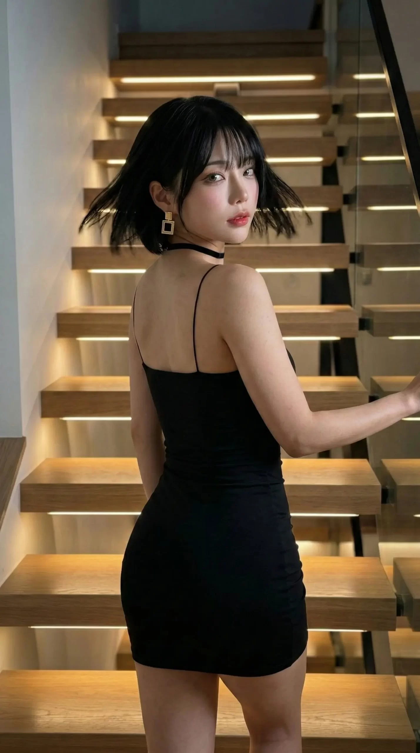 ライトアップされた階段で、黒いタイトドレスを着て振り返るショートヘアの女性