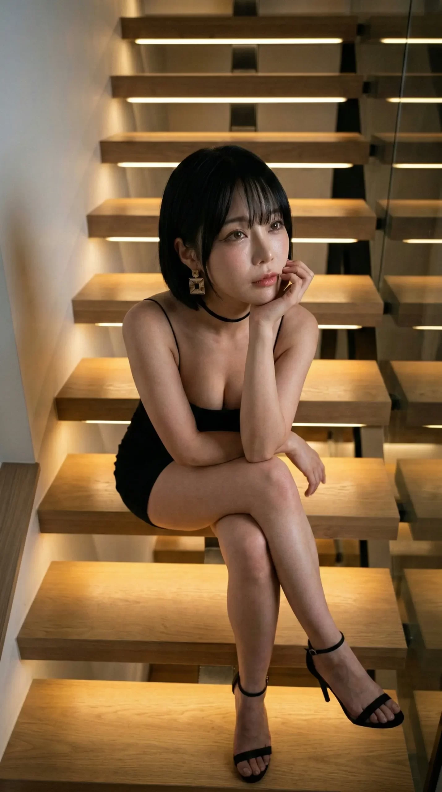 ライトアップされた階段に座り、脚を組んで遠くを見つめる黒いドレスの女性。