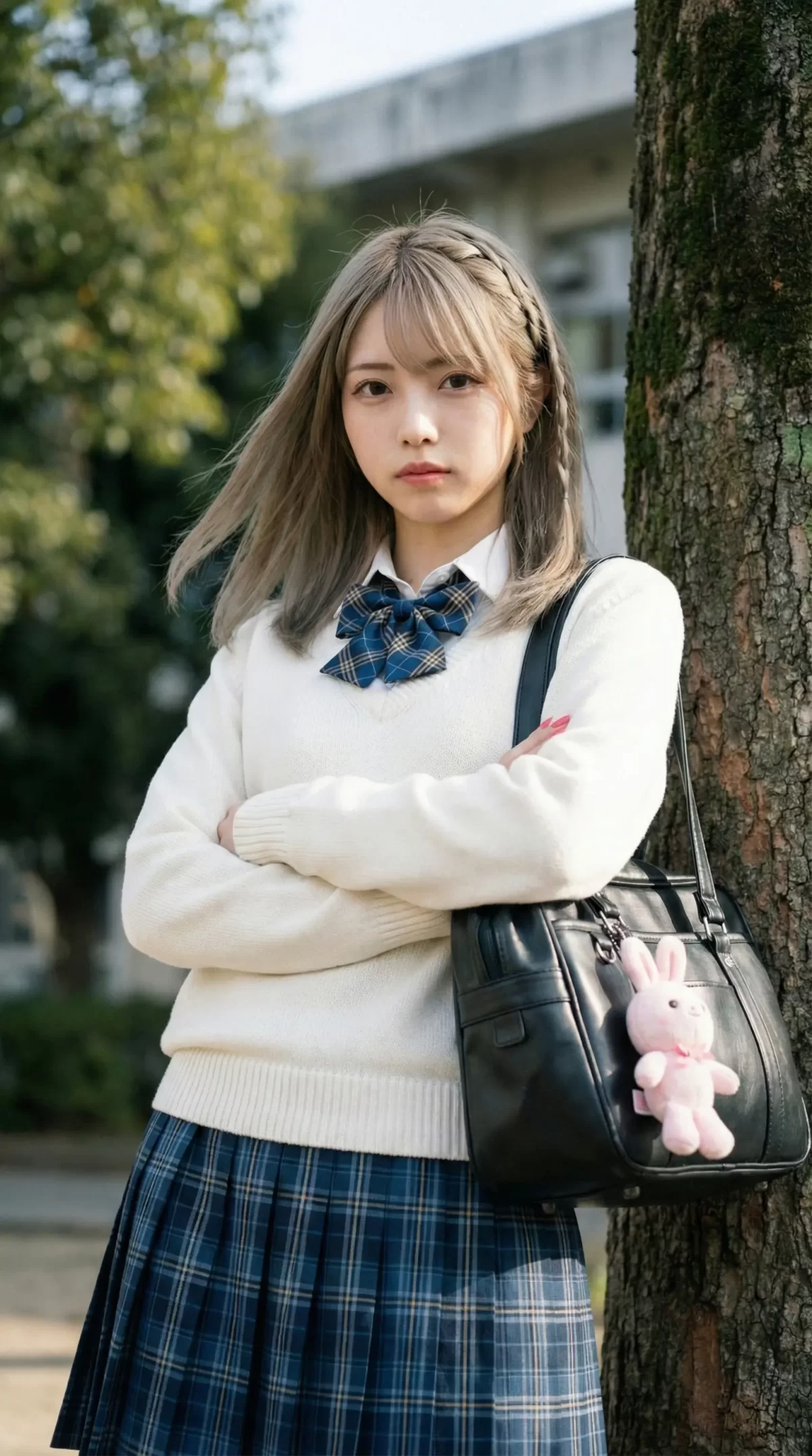 腕を組み、木に寄り添い立つ制服姿の女子生徒。うさぎの飾りがついたバッグを提げる。