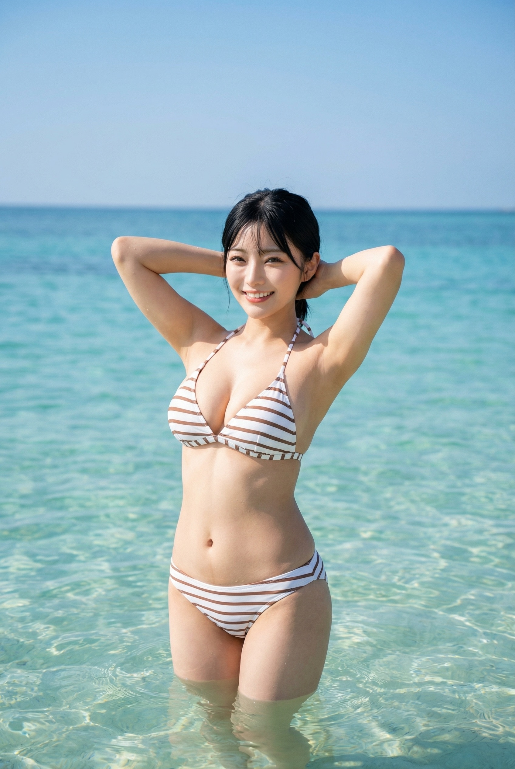 晴れ渡った青空の下、透き通った海に入り、笑顔でポーズをとるボーダー柄ビキニの女性。
