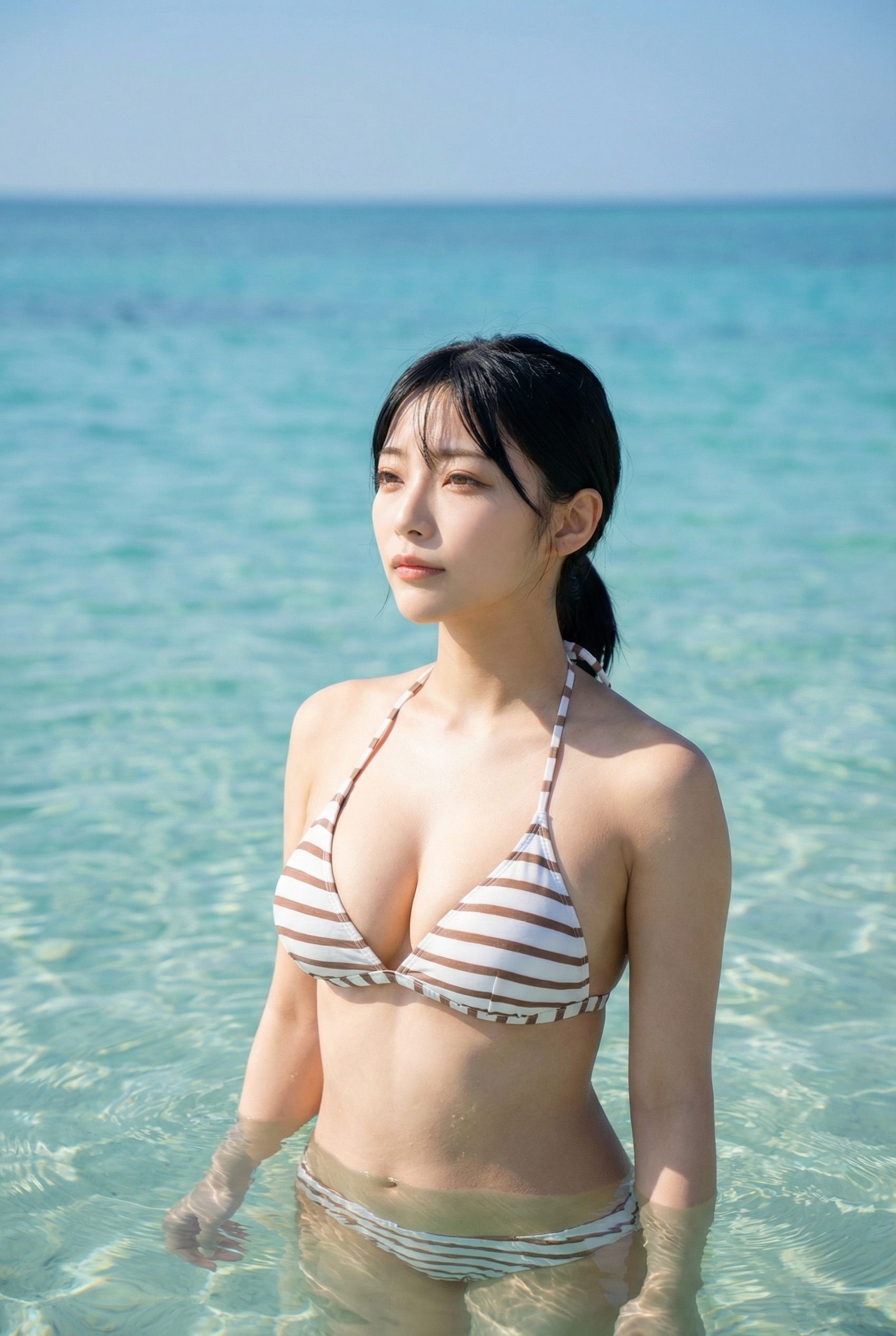 透明度の高い海に立ち、ボーダー柄のビキニを着用して遠くを見つめる黒髪の女性。