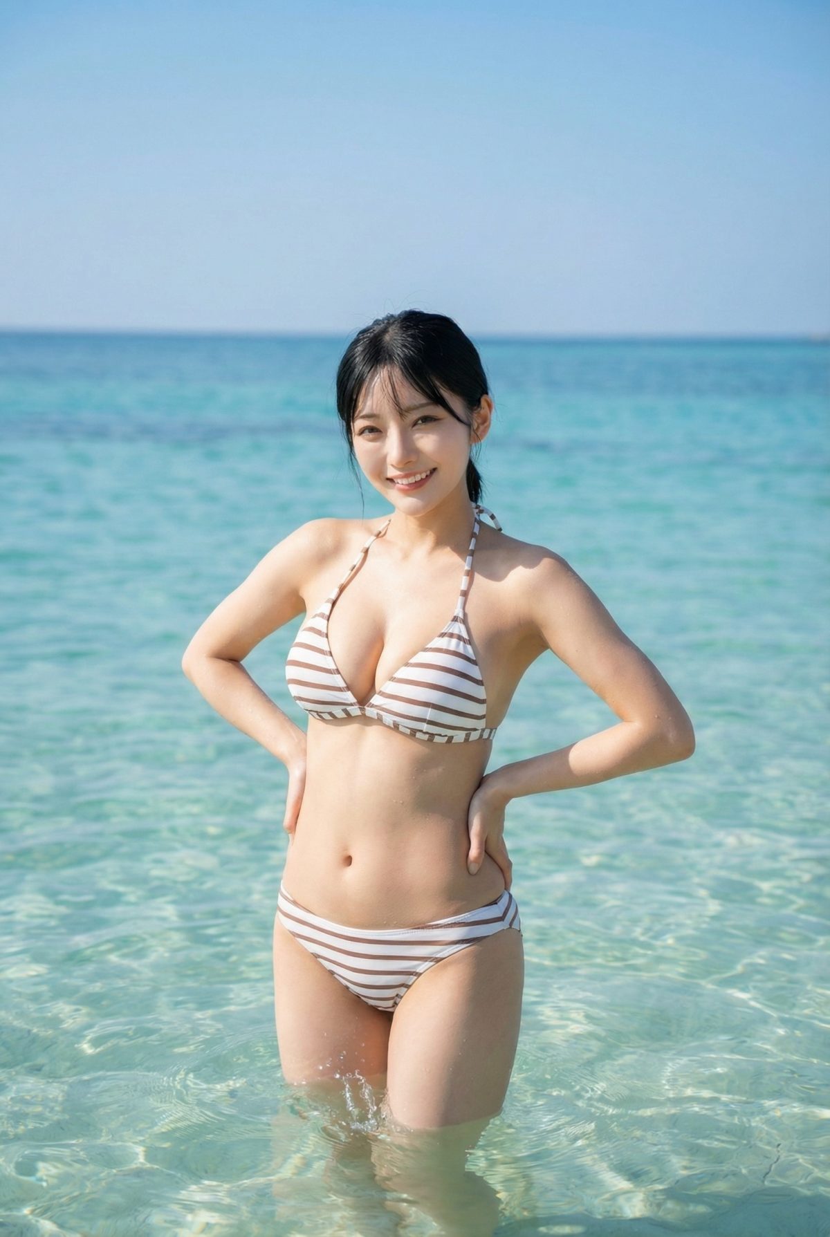澄んだ青い海に立ち、笑顔で腰に手を当てるボーダー柄ビキニ姿の黒髪の女性。