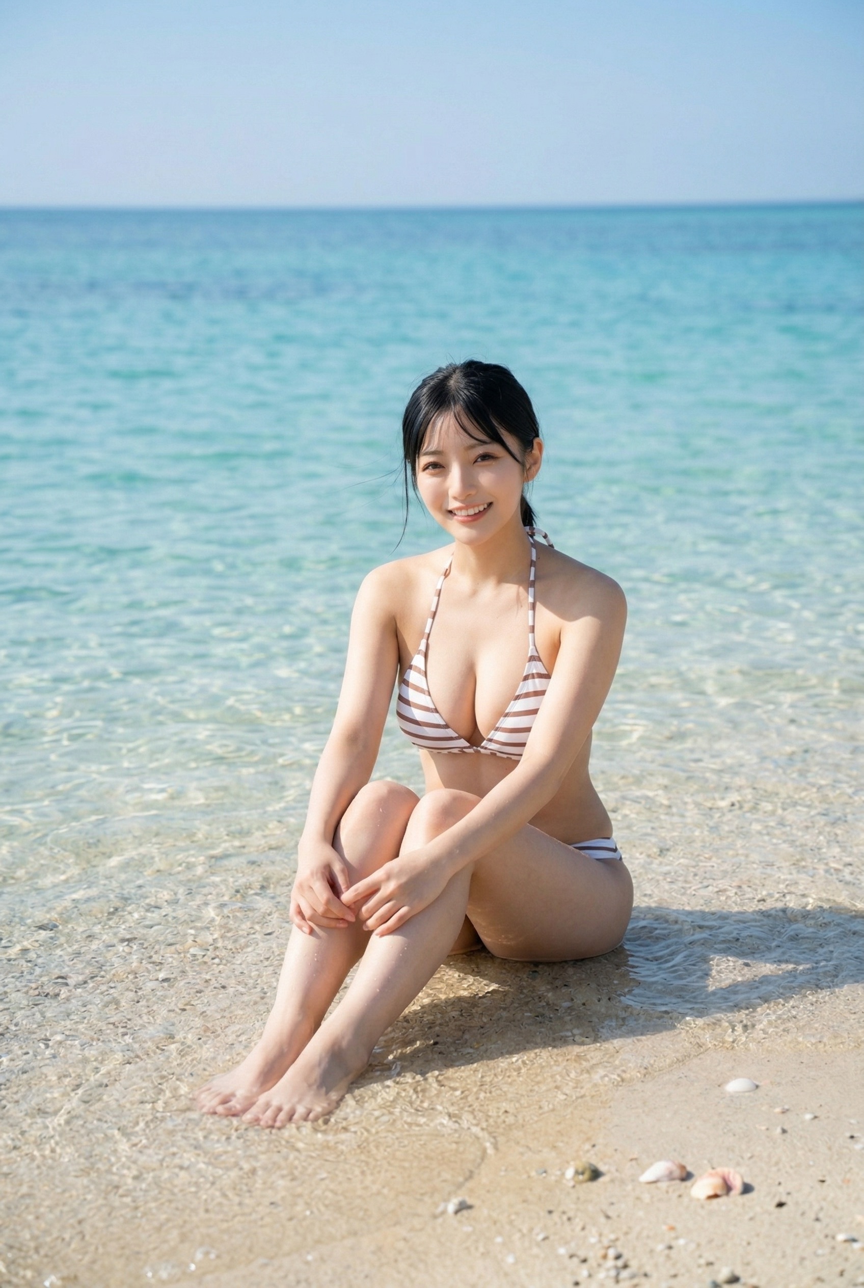 透明な海をバックに、ボーダー柄のビキニを着て砂浜に座り微笑む黒髪の女性。
