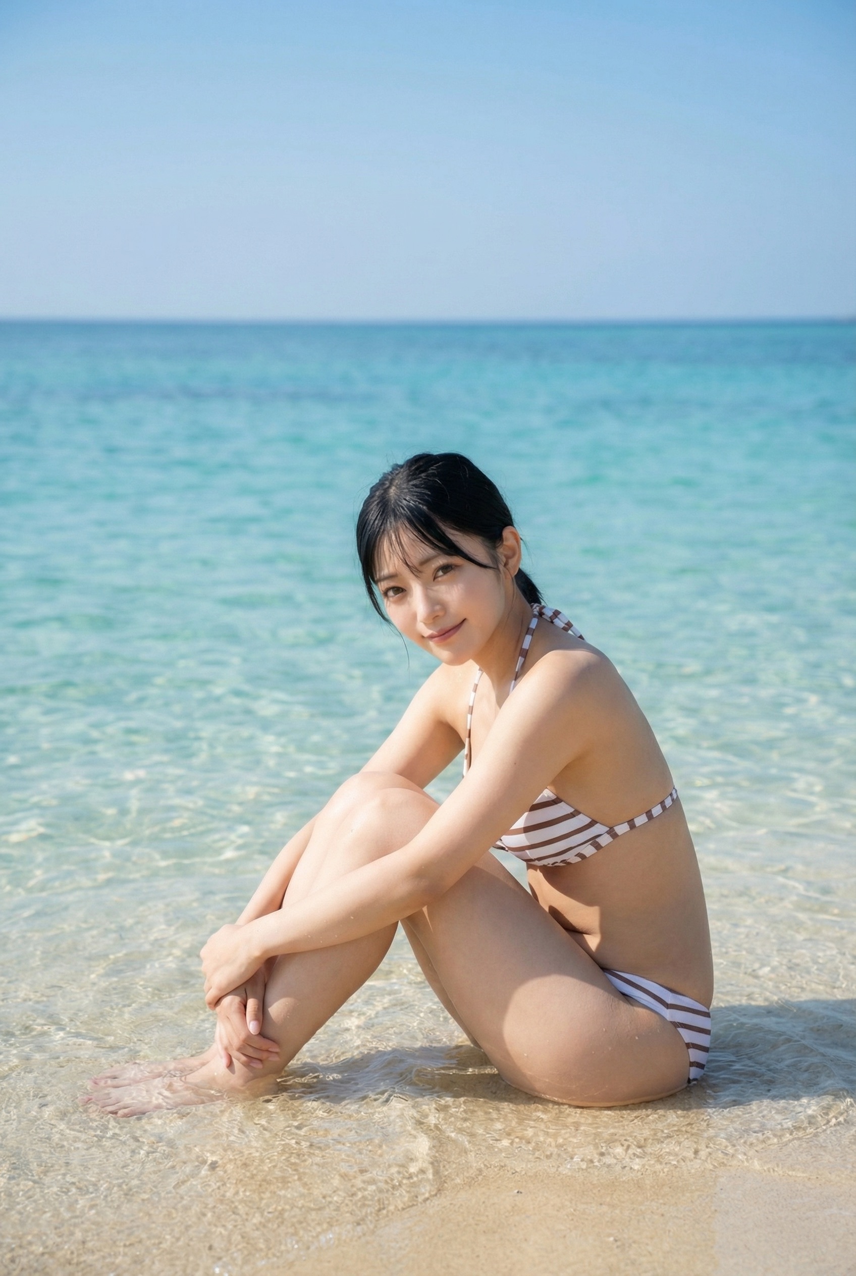 透き通った青い海を背景に、浜辺に座って微笑むボーダー柄ビキニ姿の若い女性。