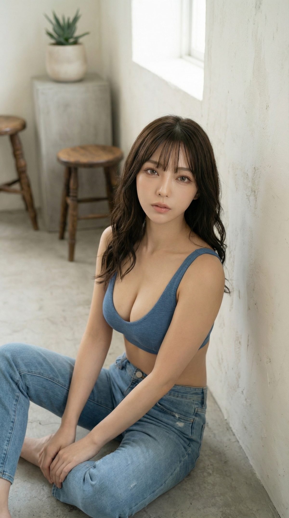 青いブラトップとジーンズを着用し、白い壁際に座ってこちらを見つめるロングヘアの女性。