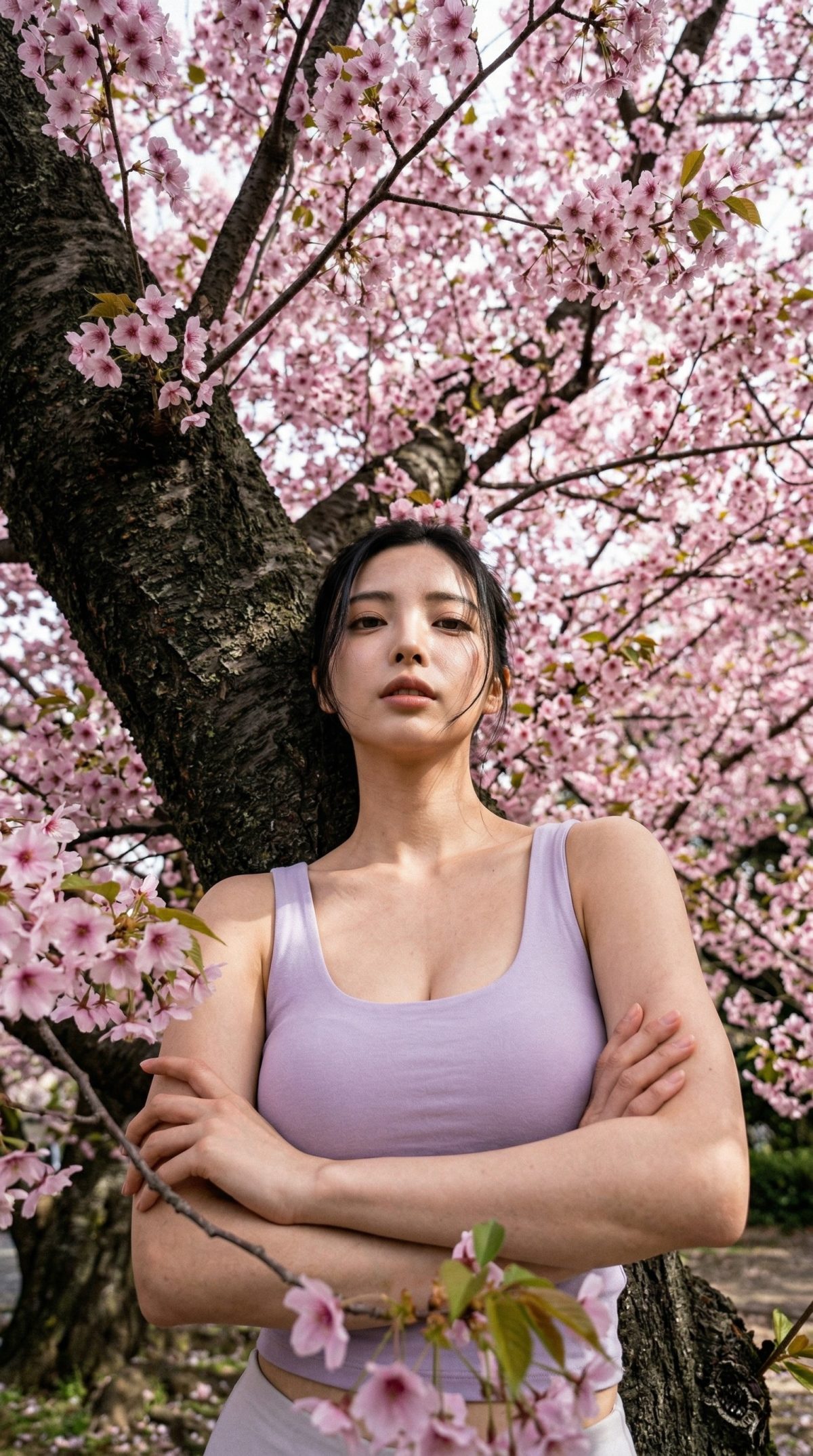満開の桜の木の下で、薄紫色のタンクトップを着て腕を組む黒髪の女性。