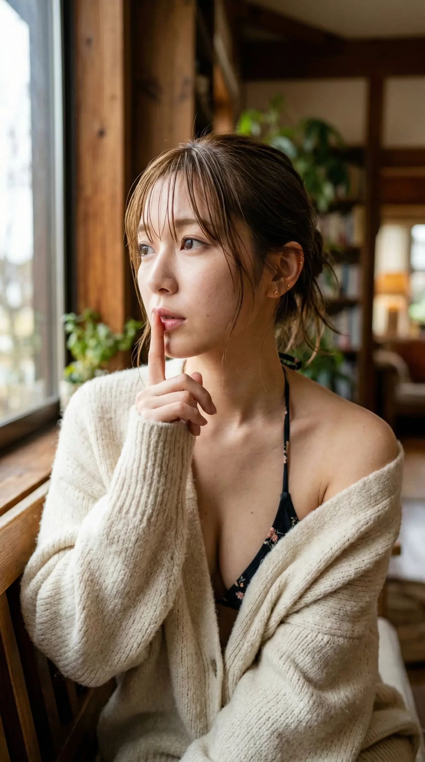 窓際で白いカーディガンを羽織り、人差し指を唇に当てて外を見つめる女性