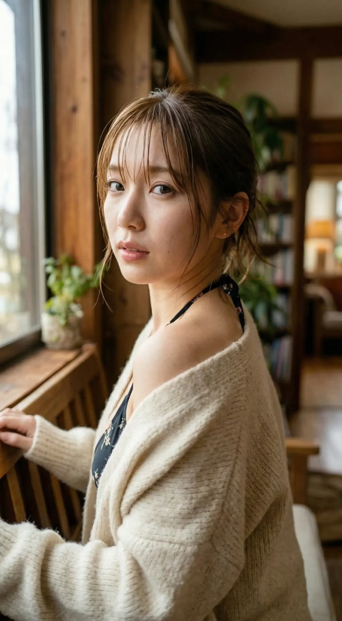 窓際で白いカーディガンを羽織り、こちらを静かに見つめる茶髪の女性。