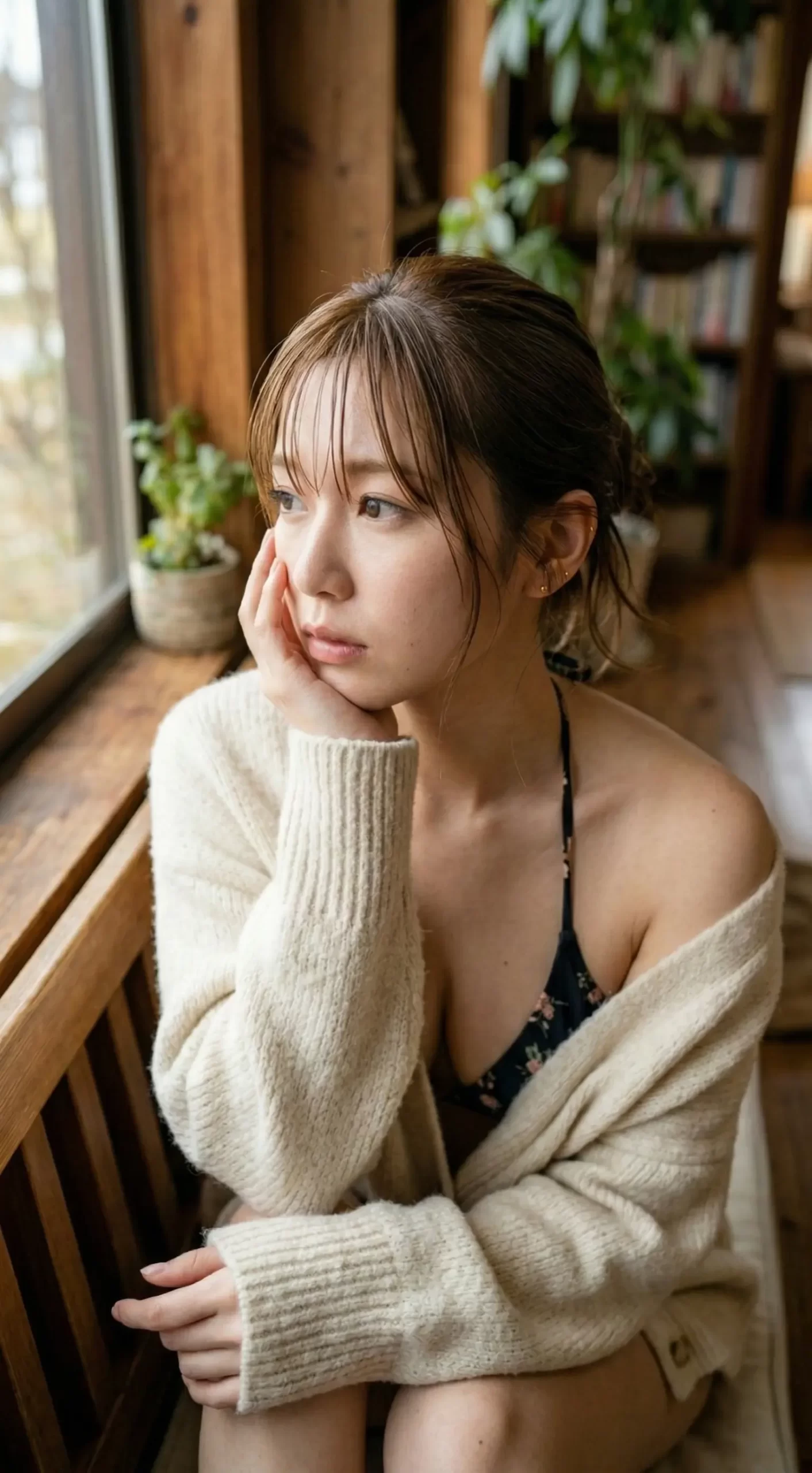 窓際で頬杖をつき、遠くを見つめる白いカーディガン姿の若い女性