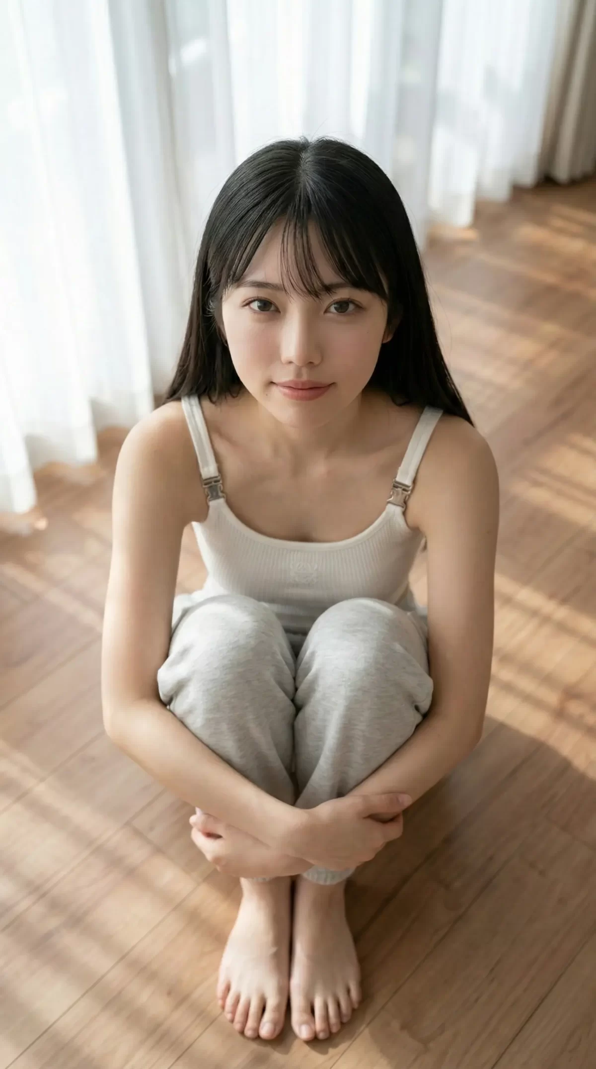 窓際で膝を抱えて座り、カメラを穏やかに見つめる白いタンクトップ姿の女性
