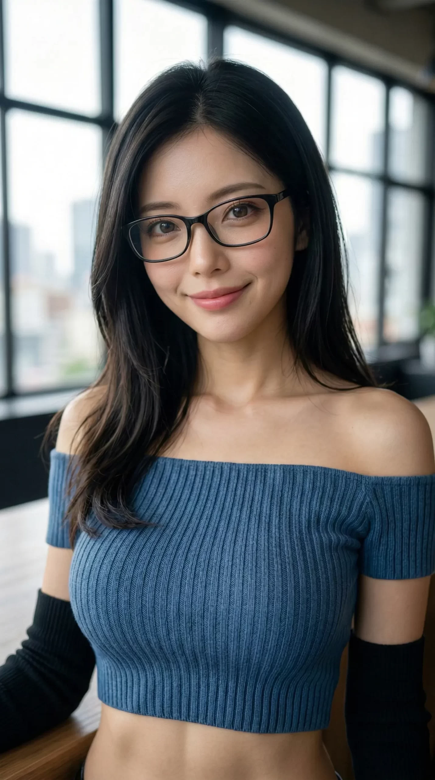 黒縁メガネをかけ、青いオフショルダーニットを着て微笑む黒髪の女性。