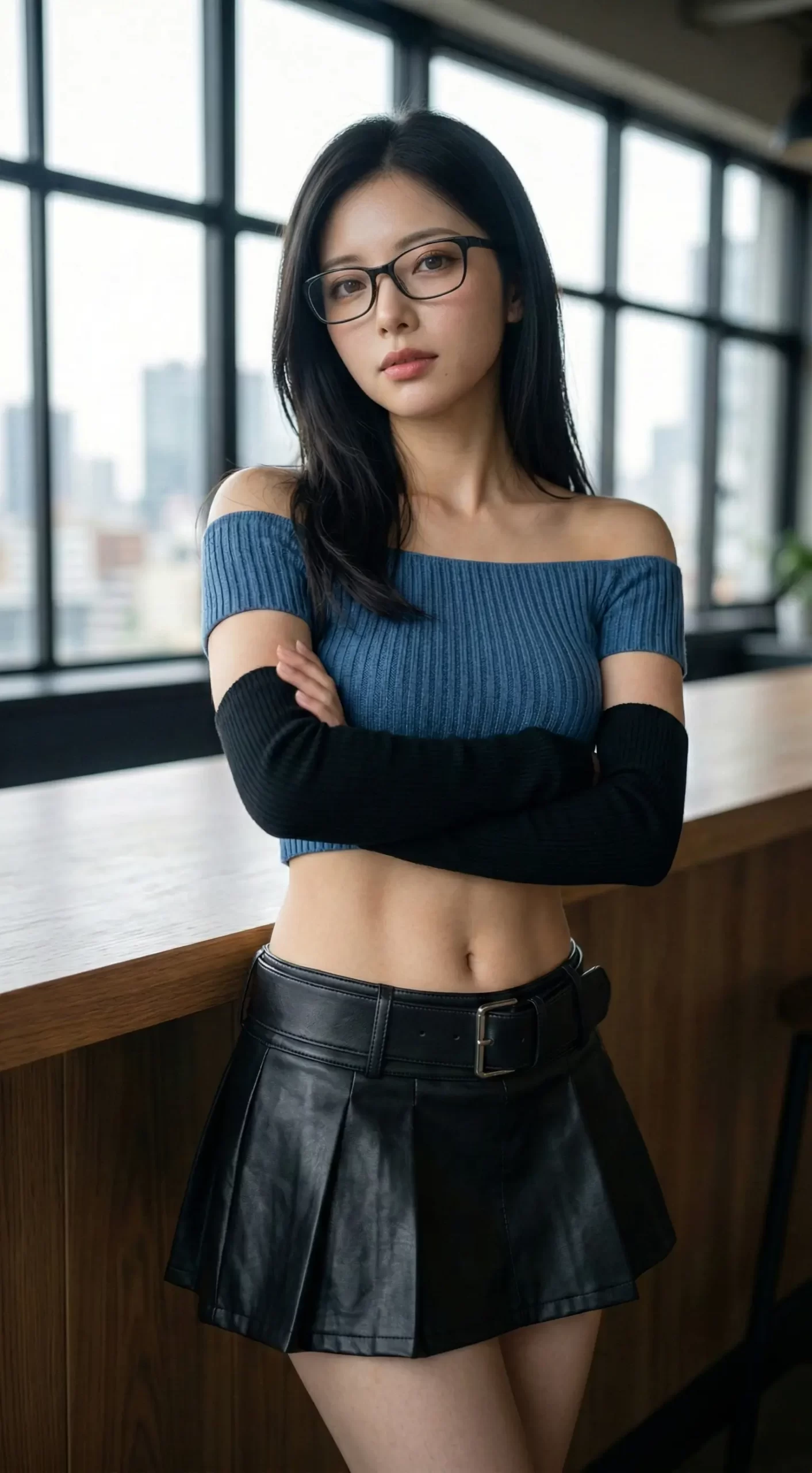 眼鏡をかけた黒髪の女性が、青いオフショルダートップスと黒のミニスカート姿で立つ。