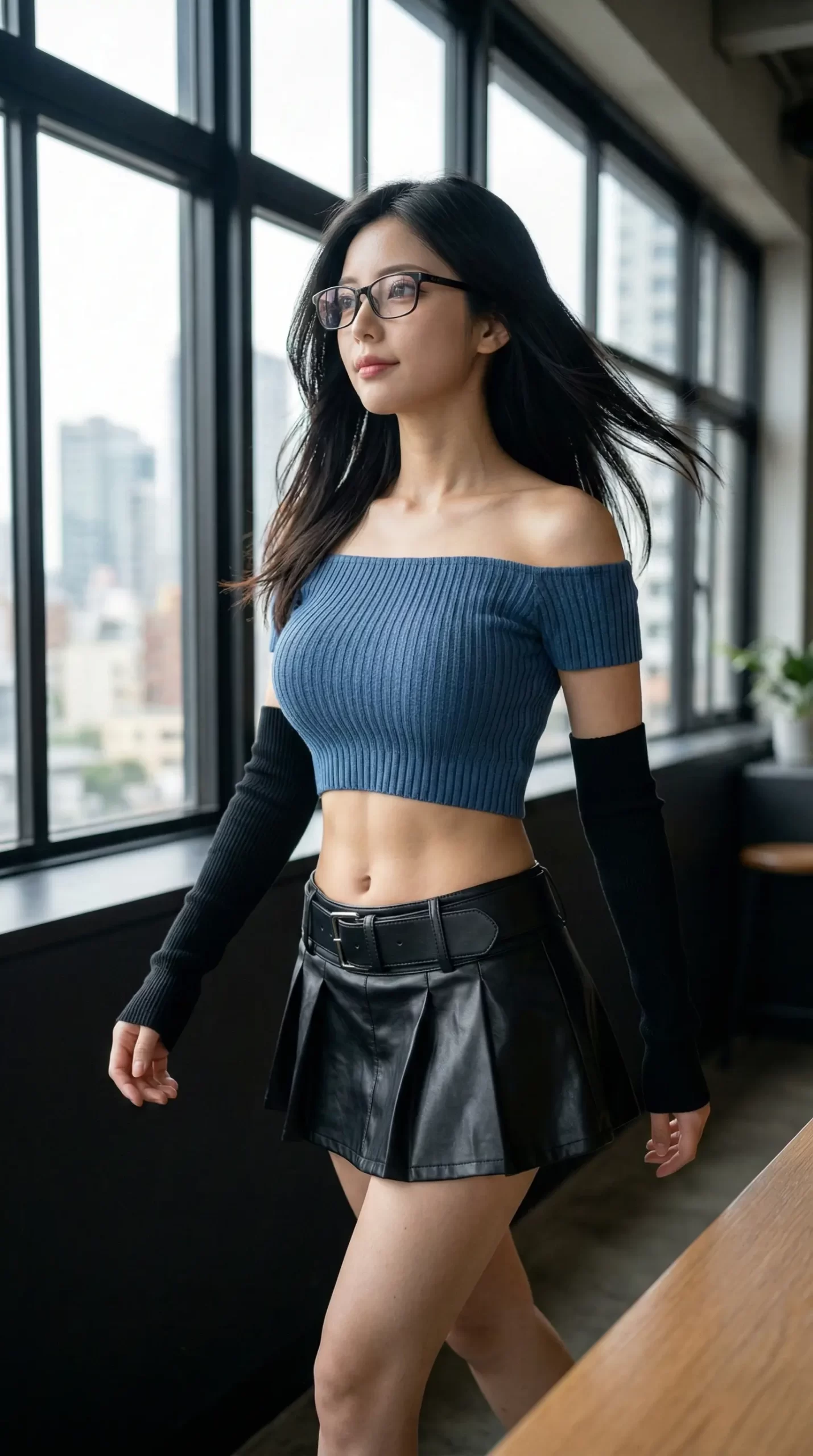 眼鏡をかけ、青いオフショルニットと黒のミニスカートを着用して窓際を歩く女性