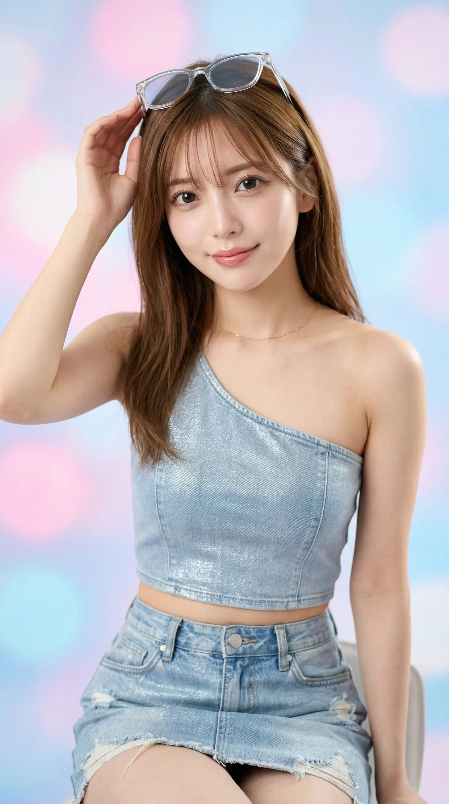 明るい背景にデニムのワンショルダートップスとミニスカートを着て、サングラスを頭に乗せた女性が笑顔でポーズをとっている。