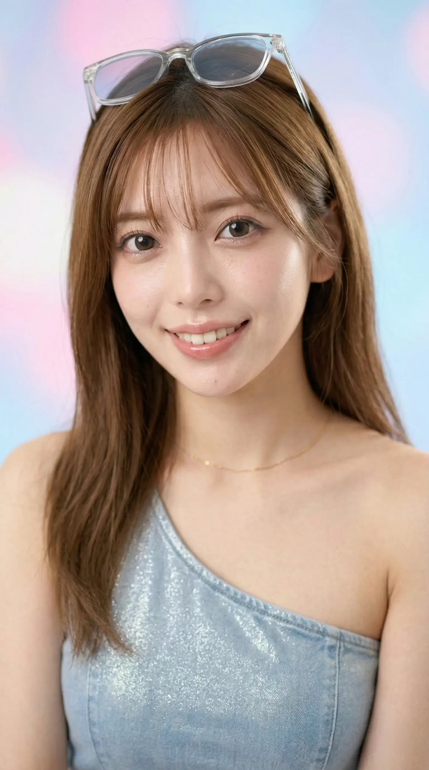 透明なサングラスを頭に乗せ、水色のキラキラしたトップスを着て笑顔を見せる女性。