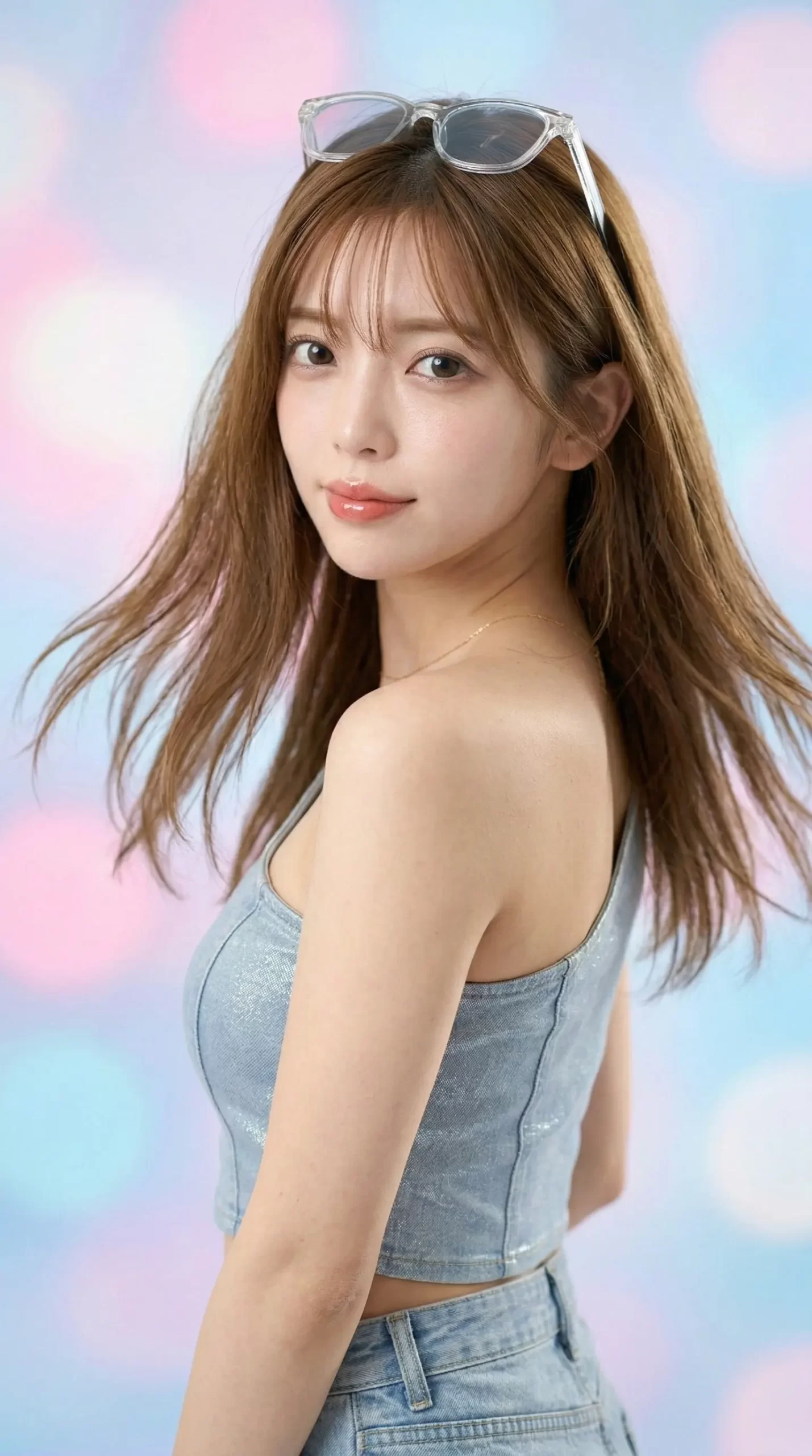 笑顔でこちらを振り向く女性。髪にサングラスをかけ、水色のトップスとデニムを着用。