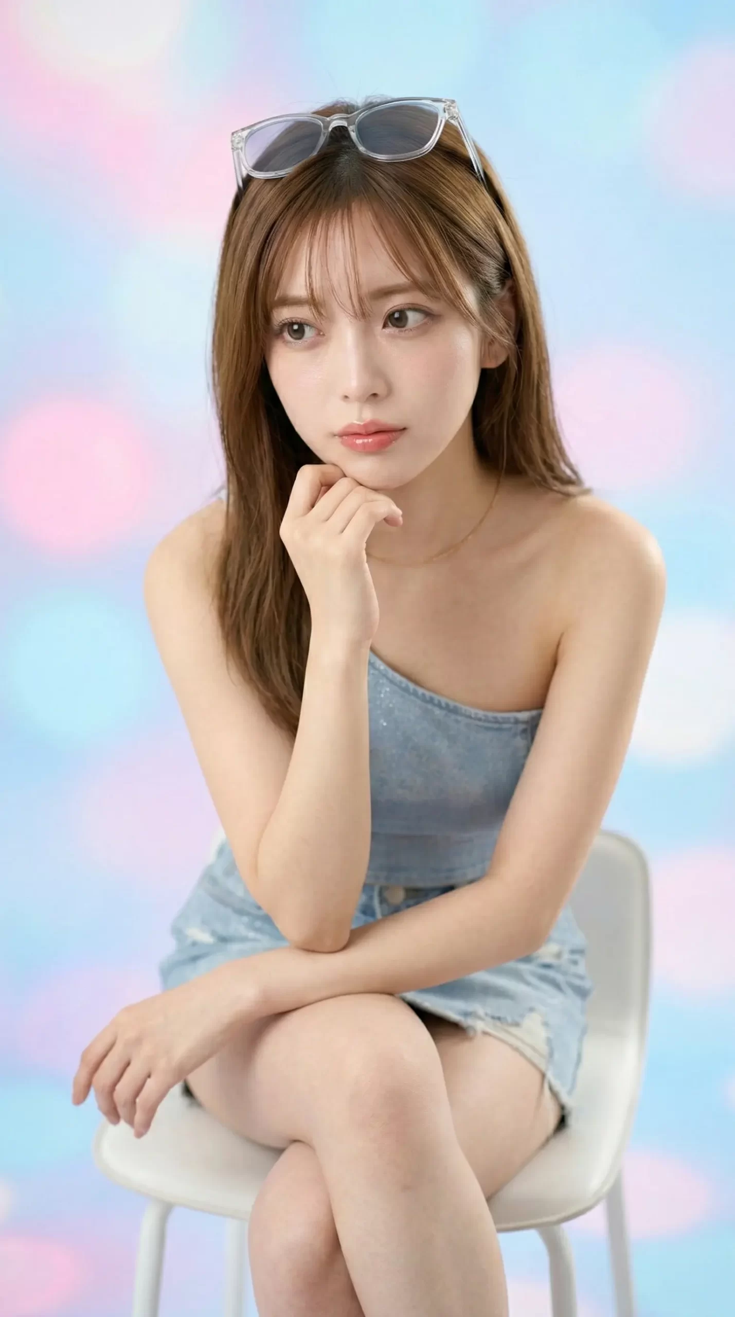 サングラスを頭に乗せ、肩出しデニムで椅子に座る女性。指先を顎に添え、物憂げに視線を外している。
