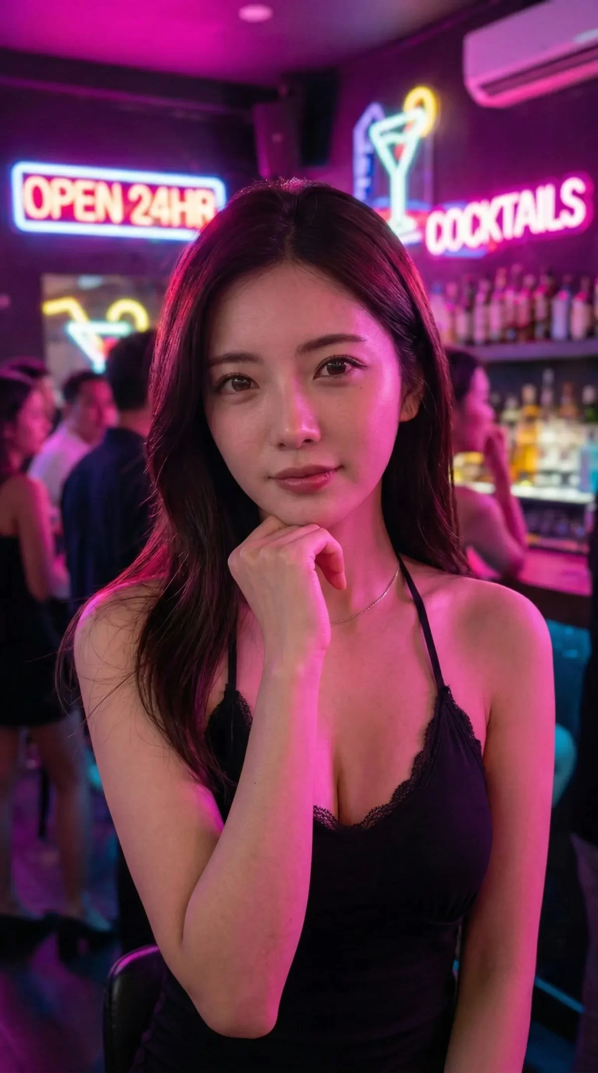 ネオン輝くバーで、黒い服の女性が頬に手を当てて微笑んでいる。