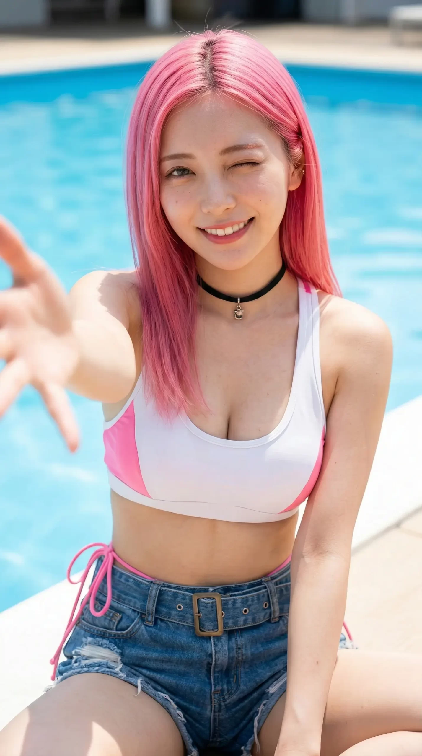 プールサイドで笑顔でウィンクし、手を差し出すピンク髪の女性