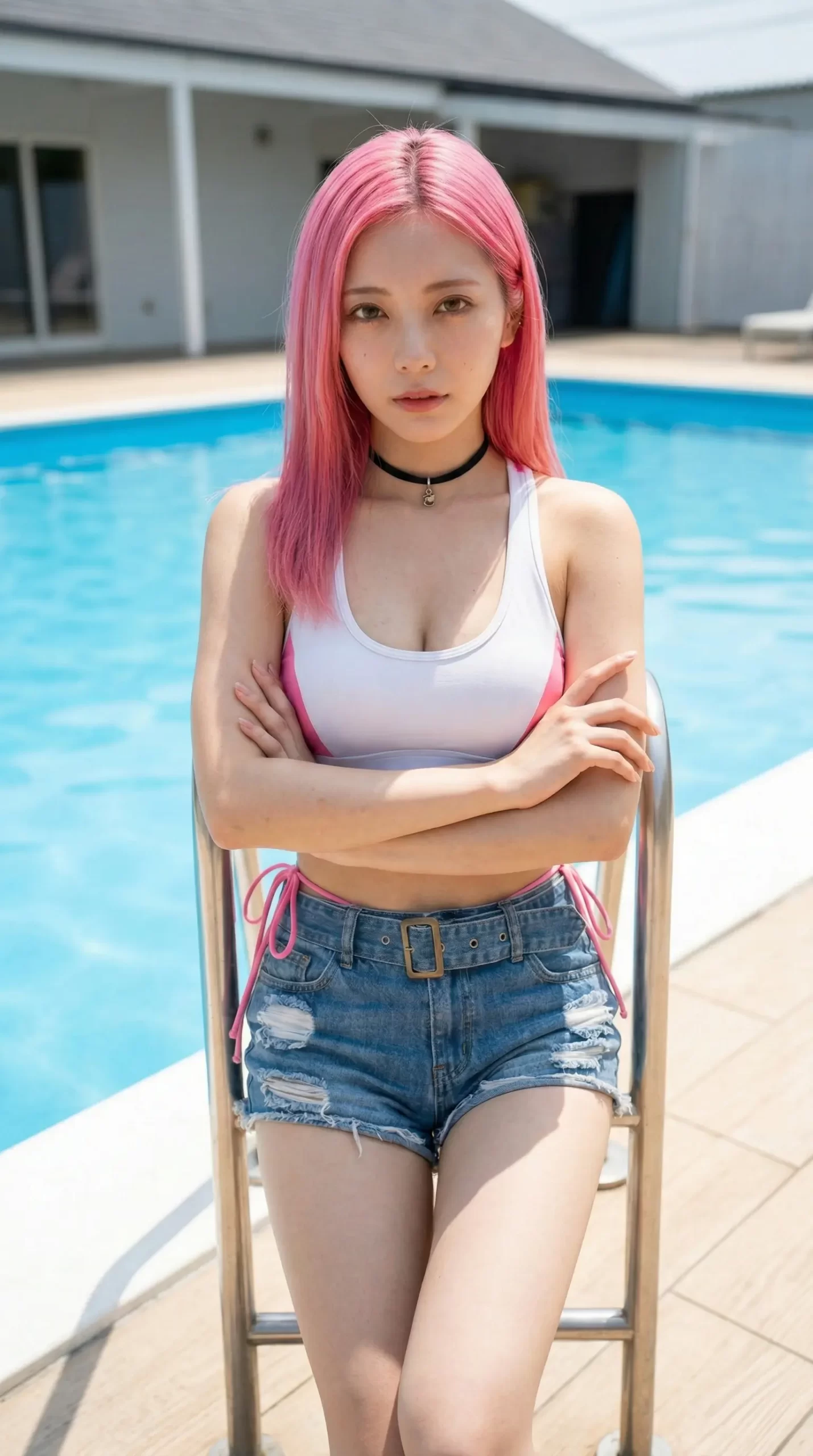 ピンク髪の女性がプールサイドで水着と短パン姿でこちらを見つめている。