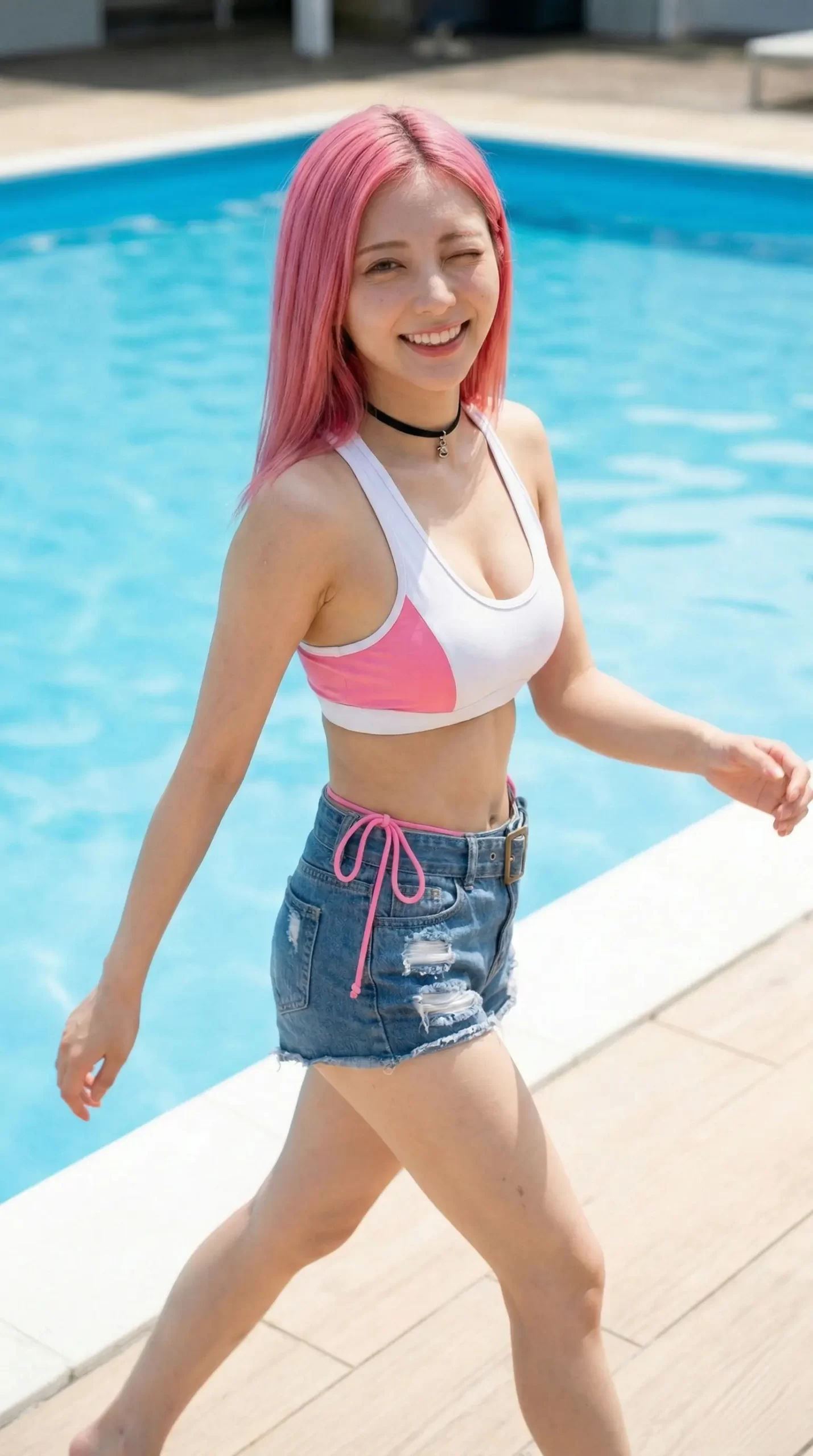 ピンク髪の女性がプールサイドを笑顔で歩く姿