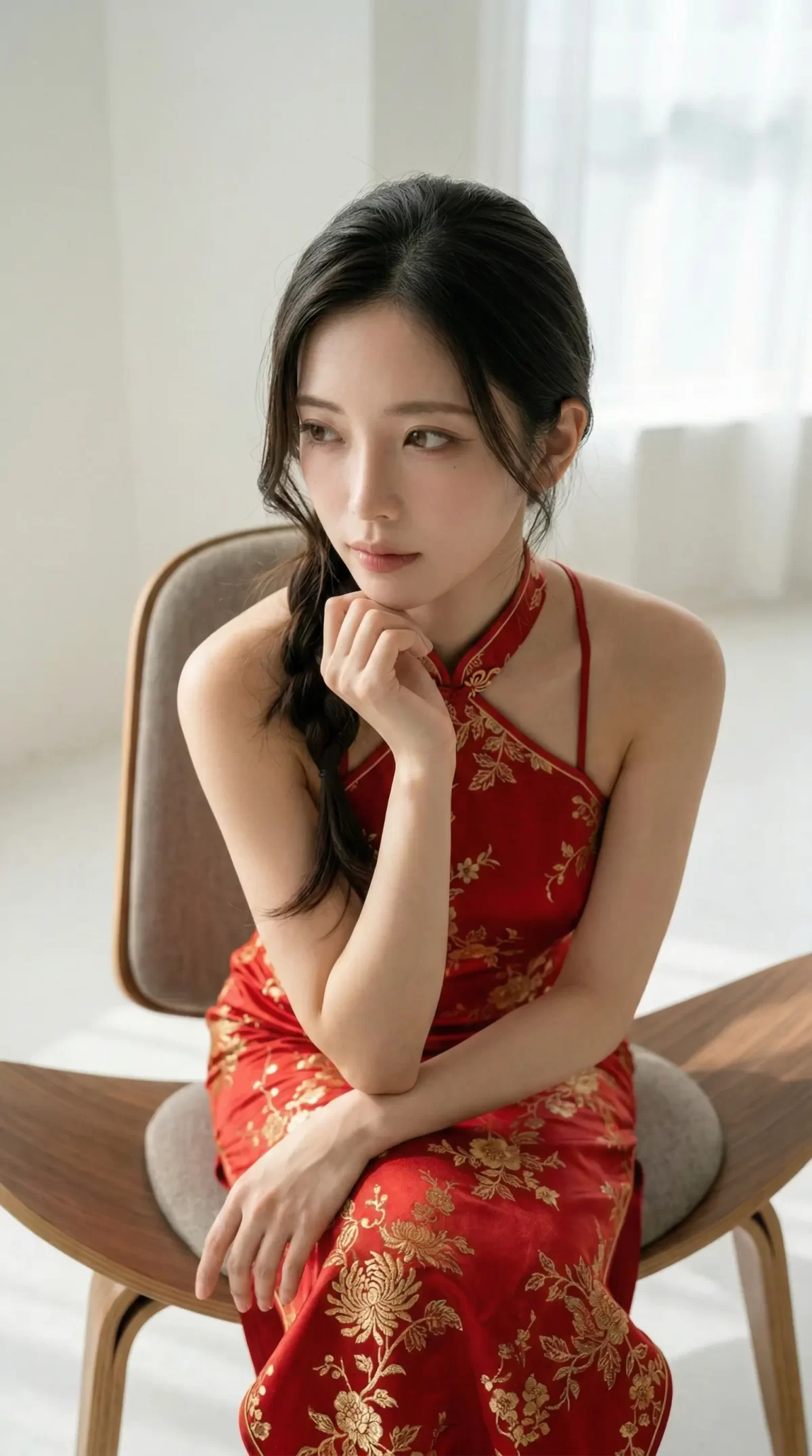赤色のチャイナドレスを着て椅子に座り、顎に手を当てて斜め下を見つめる女性。