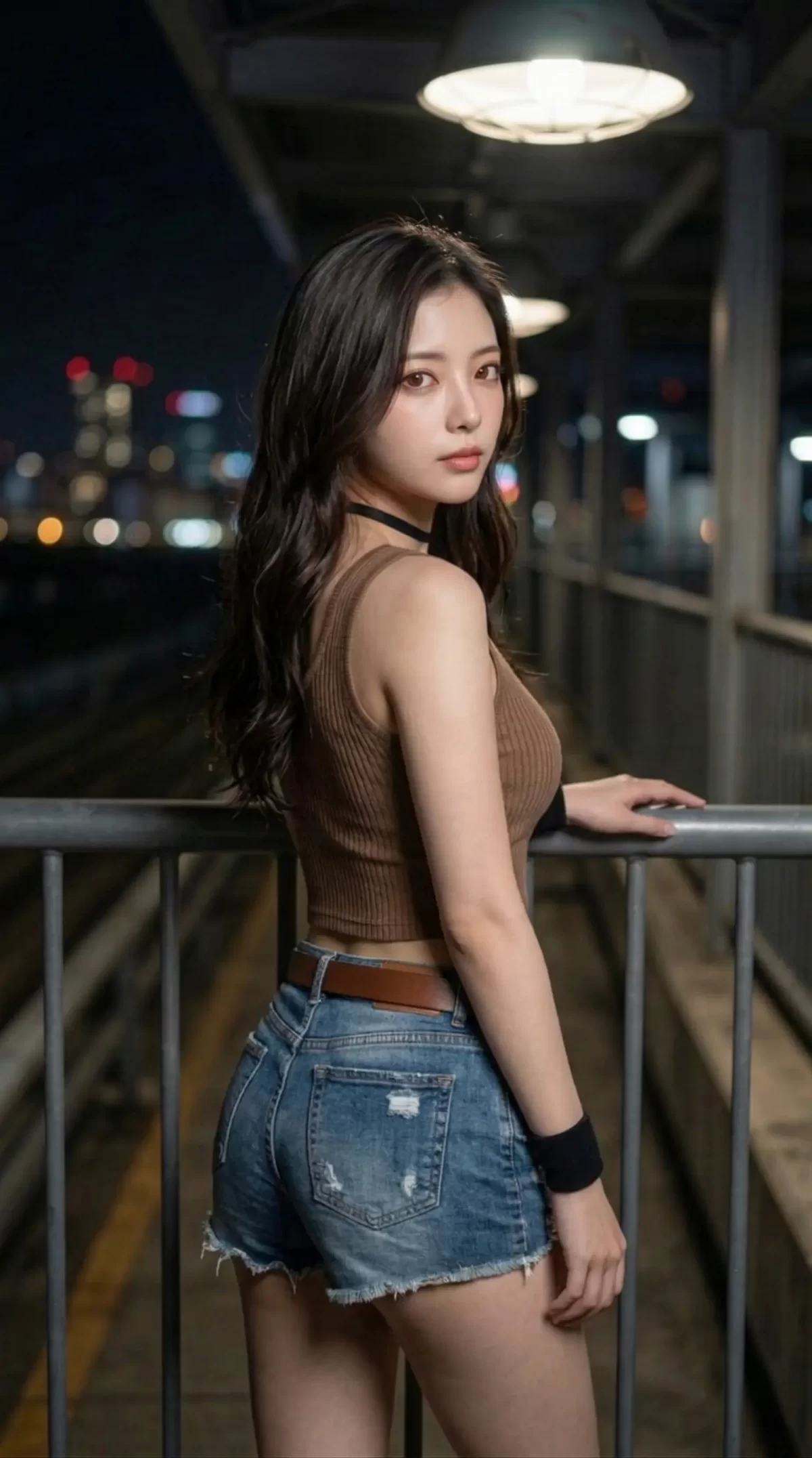 夜の屋外で手すりに寄りかかり、こちらを振り返る茶色のトップスとデニム姿の女性