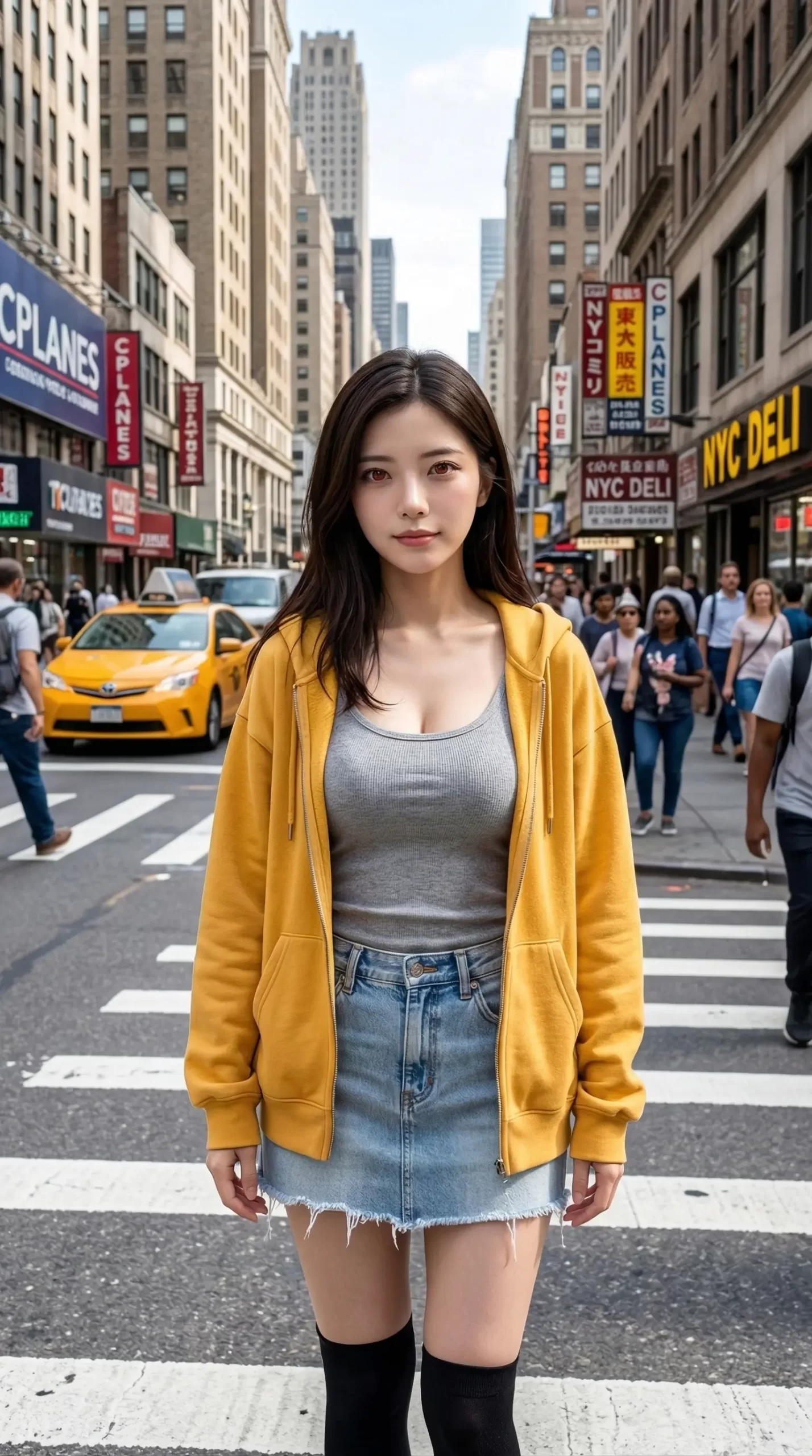 ニューヨークの賑やかな街並みを背景に、黄色いパーカーを着て立つ若い女性。