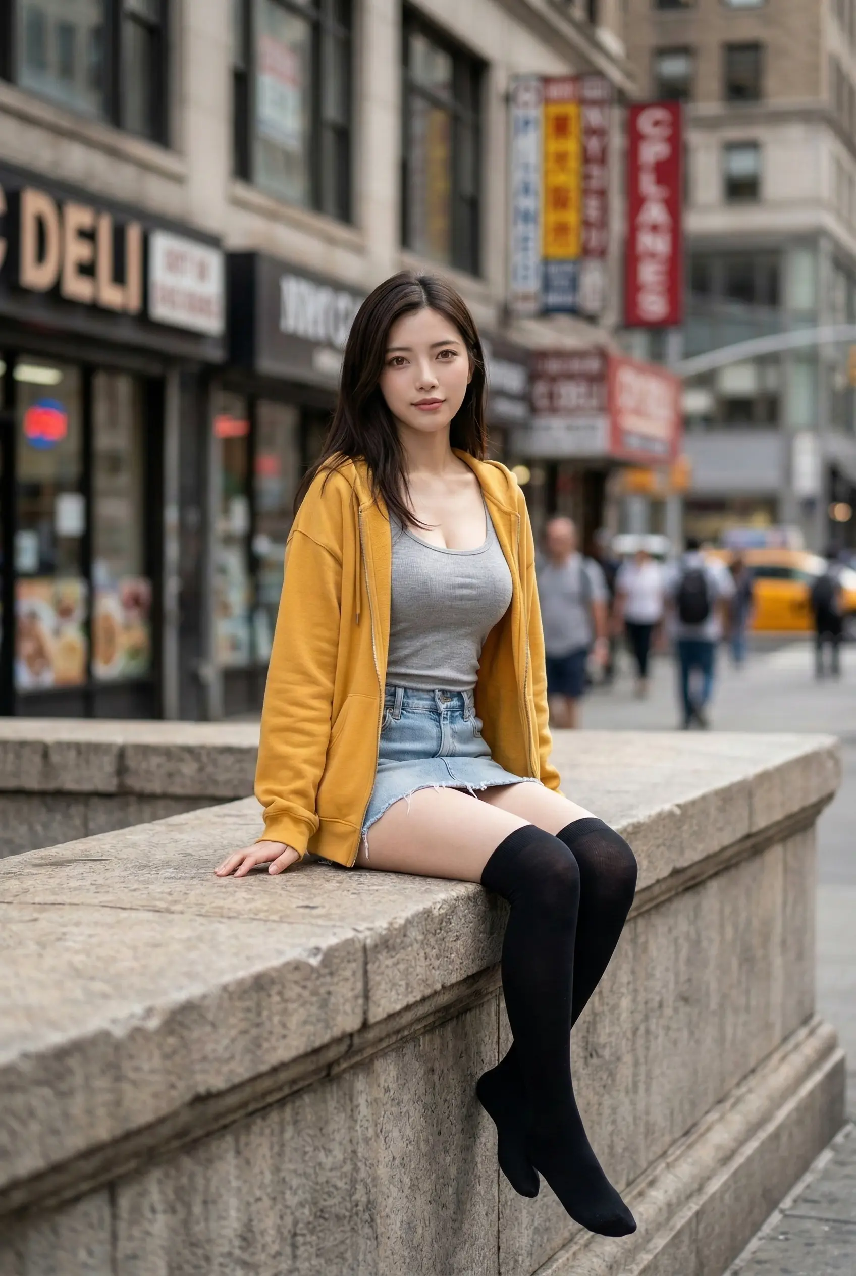 都会の街並みを背景に、黄色いパーカーとデニムスカート姿で石壁に座る若い女性