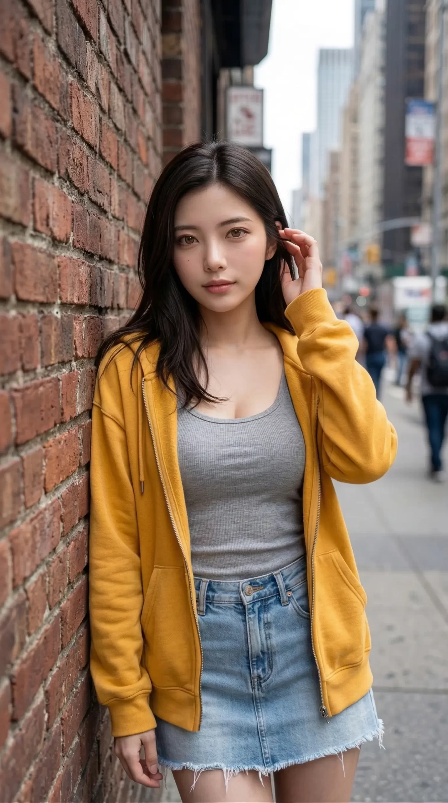 レンガの壁に寄りかかる、黄色のパーカーを羽織った黒髪の女性