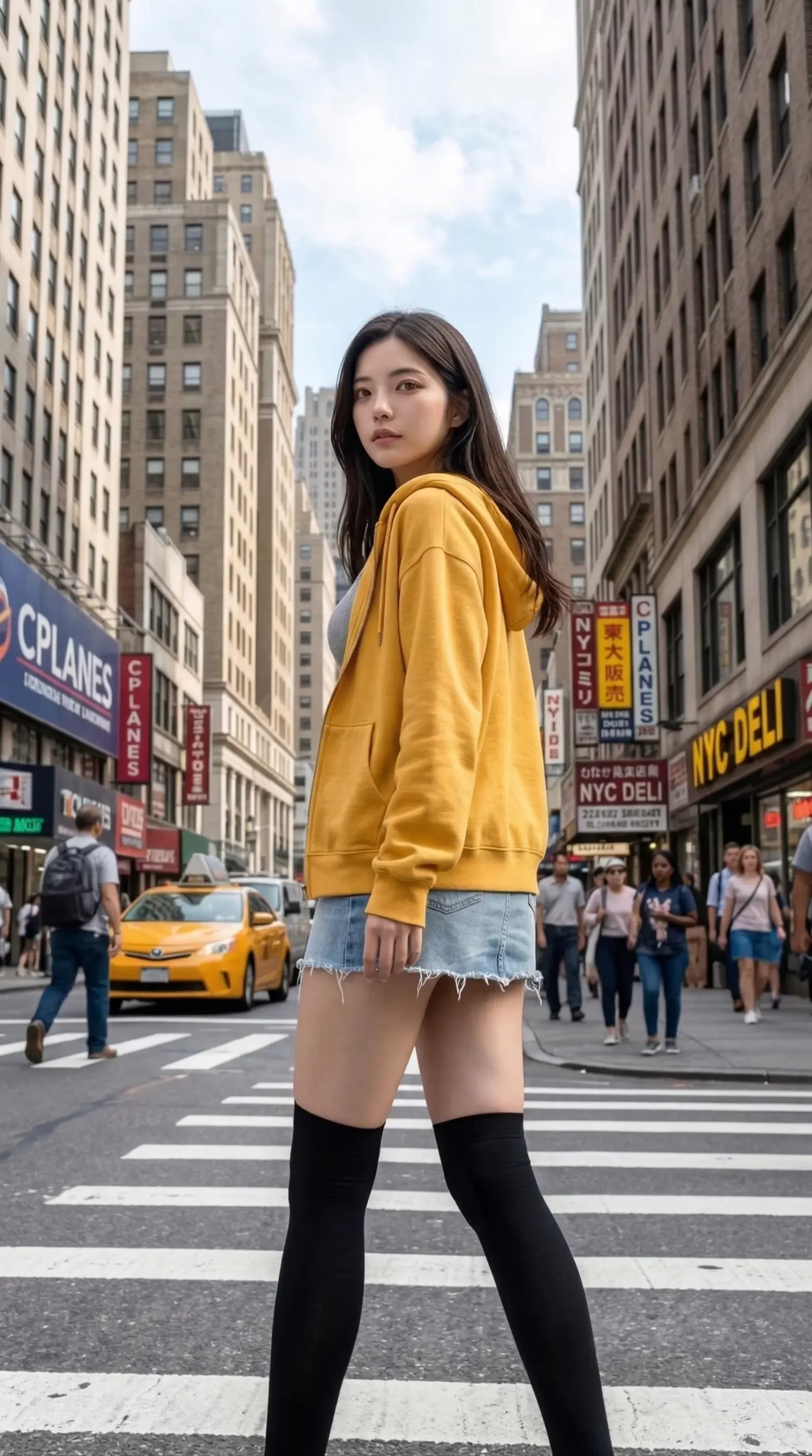 都会の横断歩道で、黄色のパーカーとデニムのミニスカートを着用し振り返る女性。