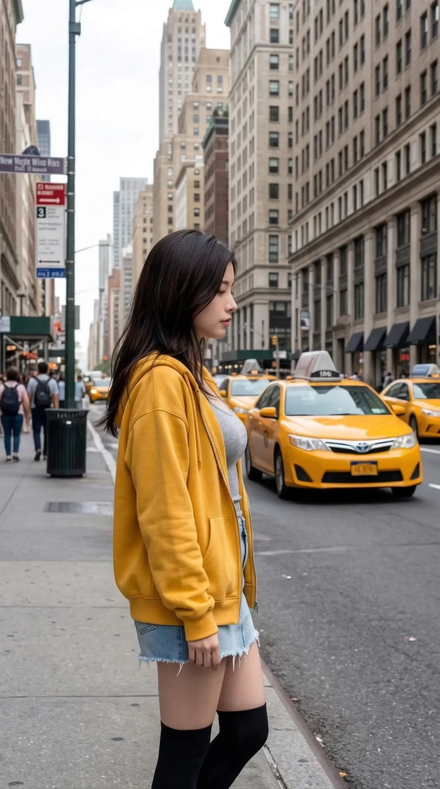 都会のビル街を背景に、黄色いパーカーを羽織って歩道に佇むロングヘアの女性。