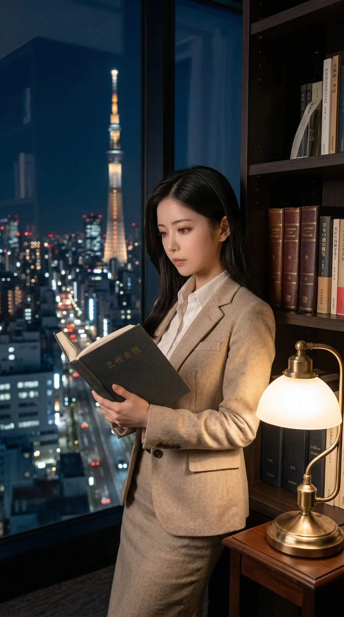 東京の夜景とスカイツリーを背景に、本棚の横で読書をするスーツ姿の女性