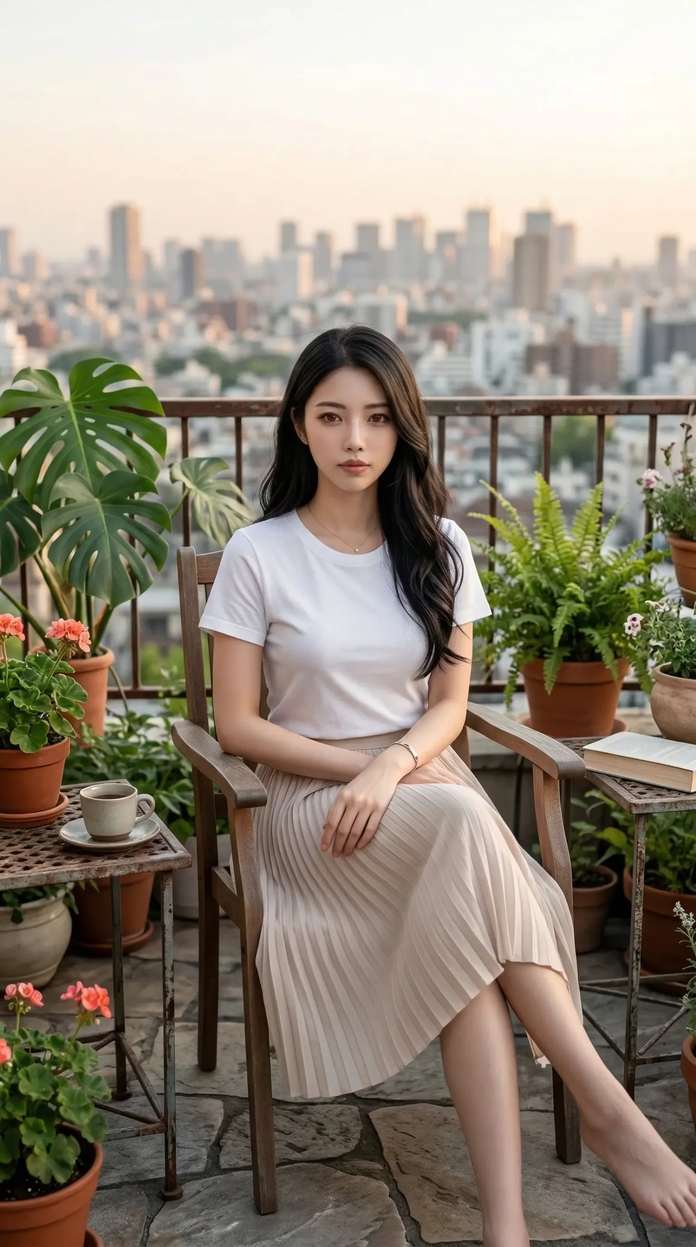 都会のビル群を背景に、植物に囲まれたテラスの椅子に座る白いTシャツ姿の女性