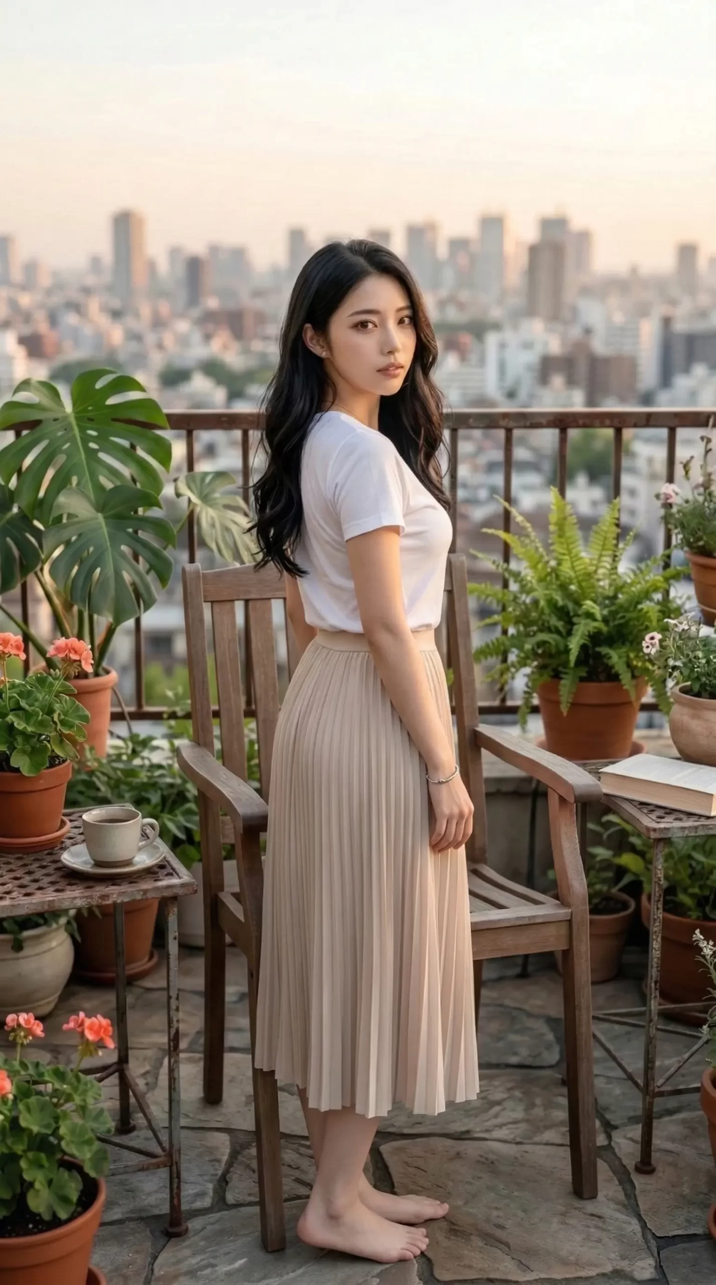 ビル群を望むテラスで、植物に囲まれ佇む白Tシャツとプリーツスカート姿の女性