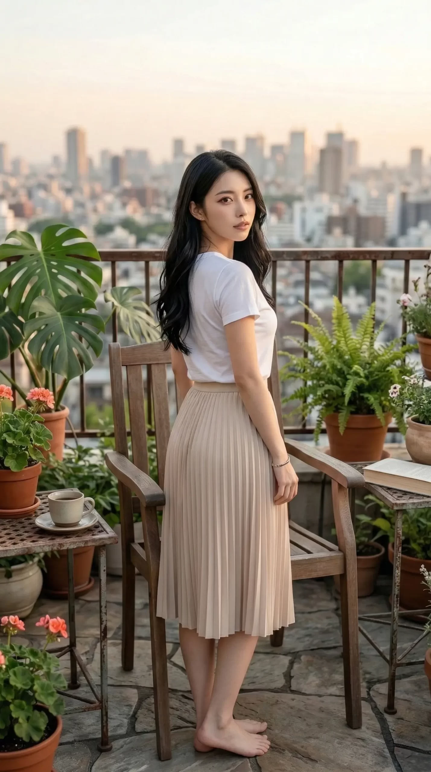 都会の街並みを背景に、テラスで振り返る白いTシャツとプリーツスカート姿の女性