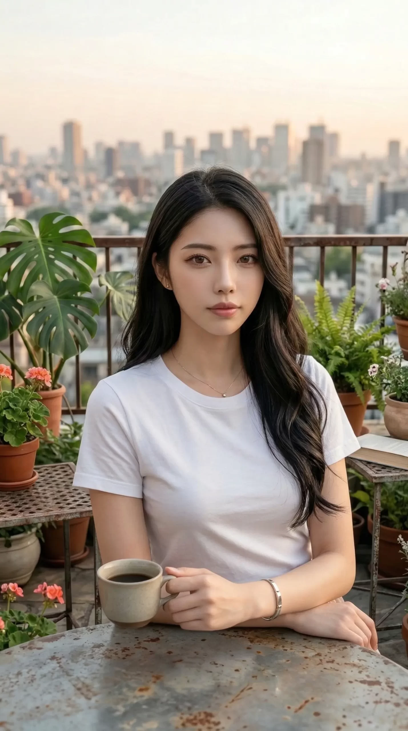 都会のビル群を背景に、テラスでコーヒーを手に座る白いTシャツ姿の女性。