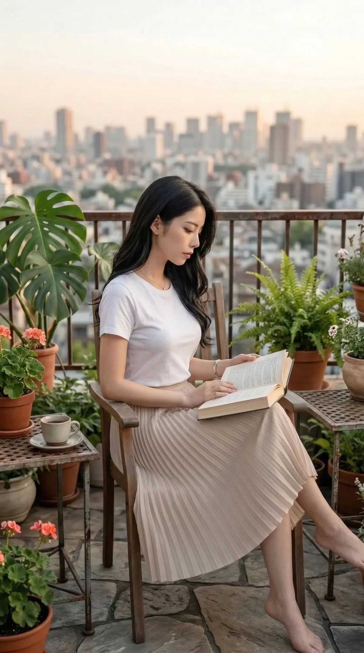 都会の街並みを背景に、植物に囲まれたテラスの椅子に座って読書をする女性。