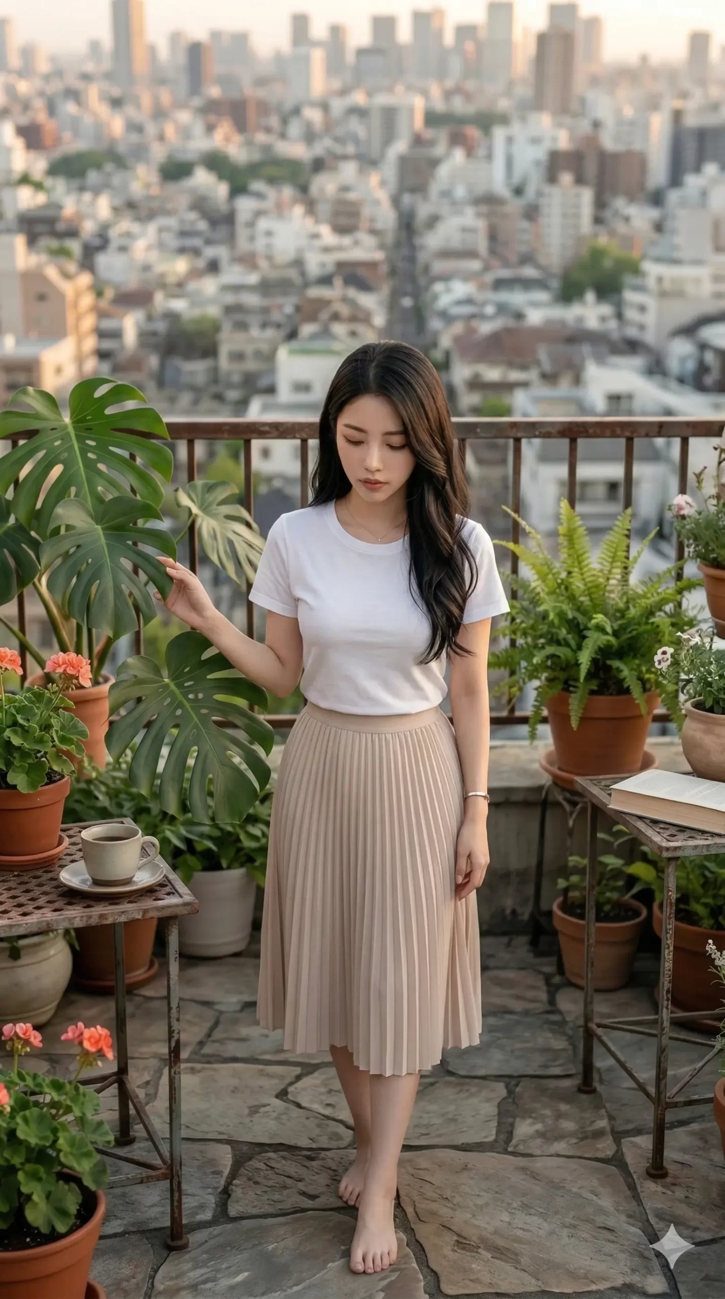 都会の街並みを背景に、植物に囲まれた屋上で佇むプリーツスカート姿の女性
