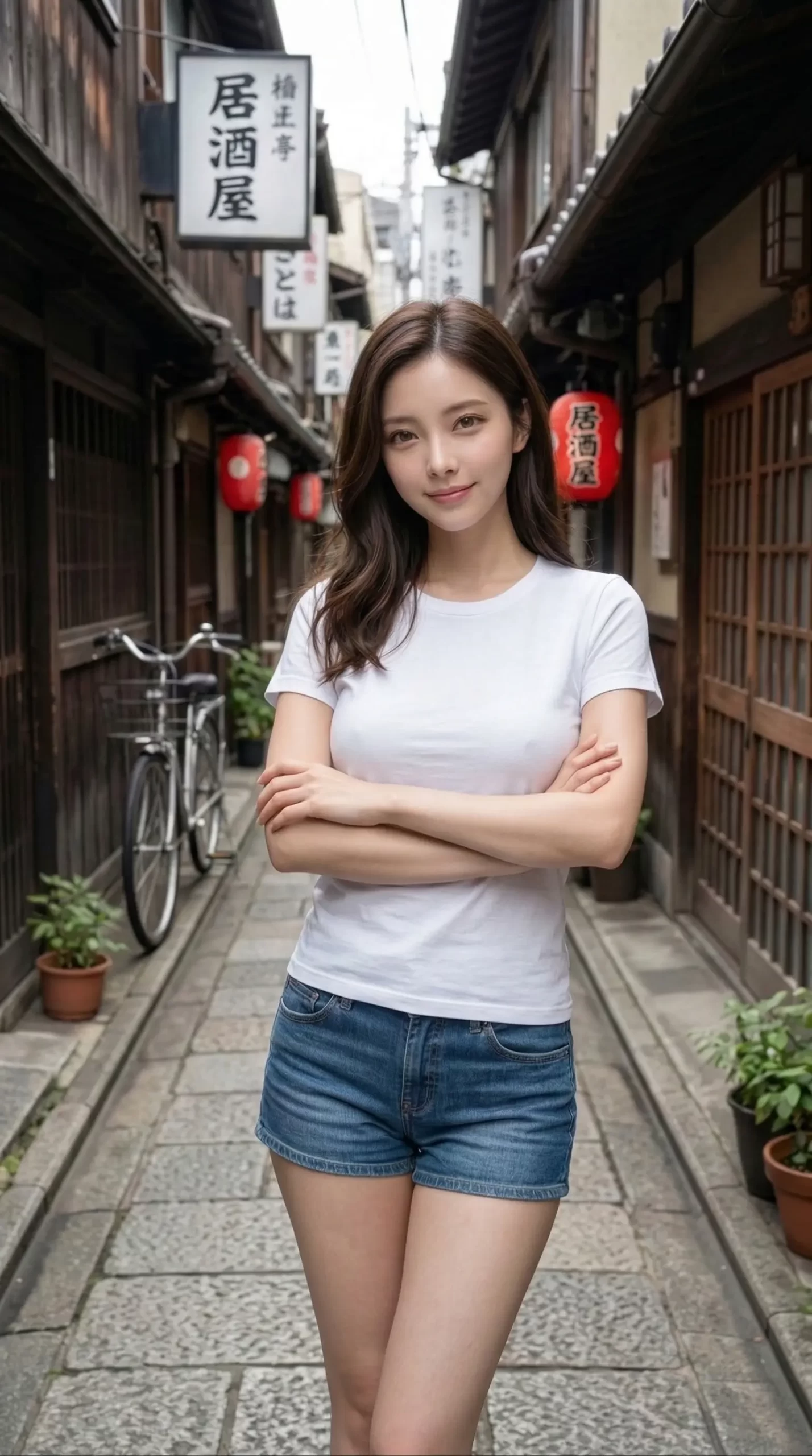 日本の古い路地裏を背景に、白いTシャツとデニム姿で腕を組んで微笑む女性。