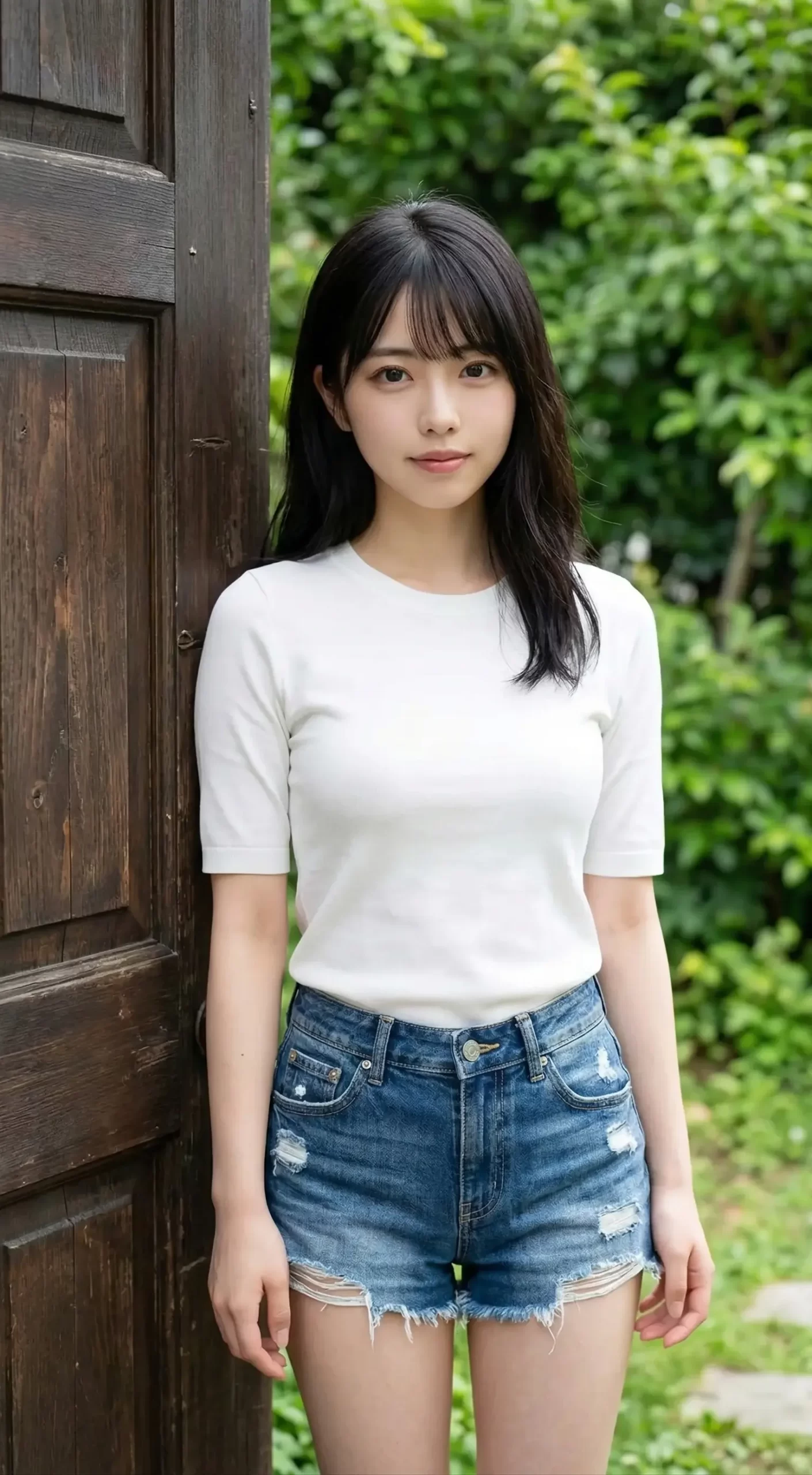 白いTシャツとデニムのショートパンツを着て、木製の扉の前に立つ黒髪の女性。 (36文字)