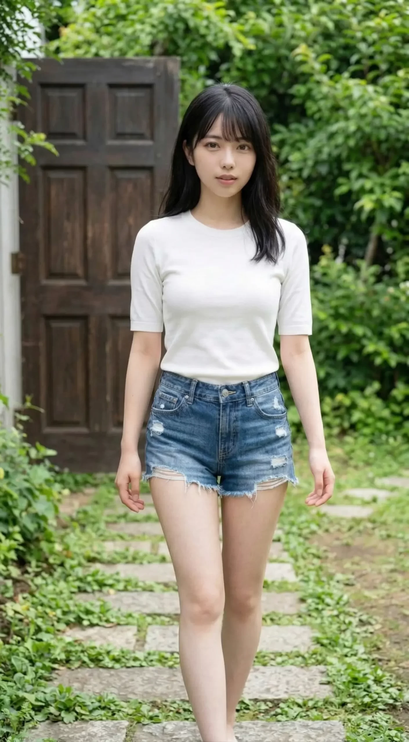 白いTシャツとデニムの短パンを着用し、庭の石畳を歩く黒髪の女性。