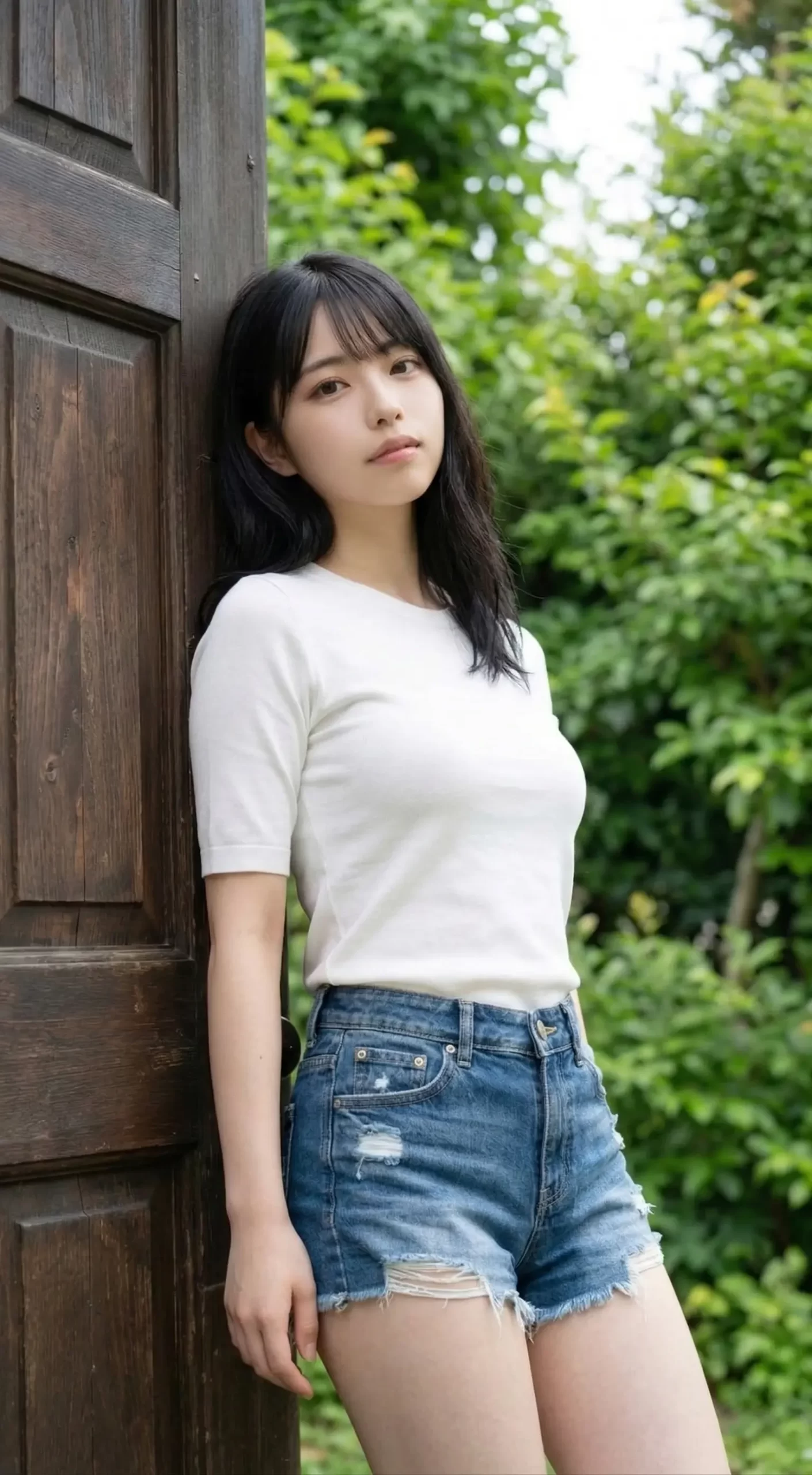 木製の扉に寄りかかり、白いTシャツとデニムのショートパンツを着て佇む黒髪の女性。