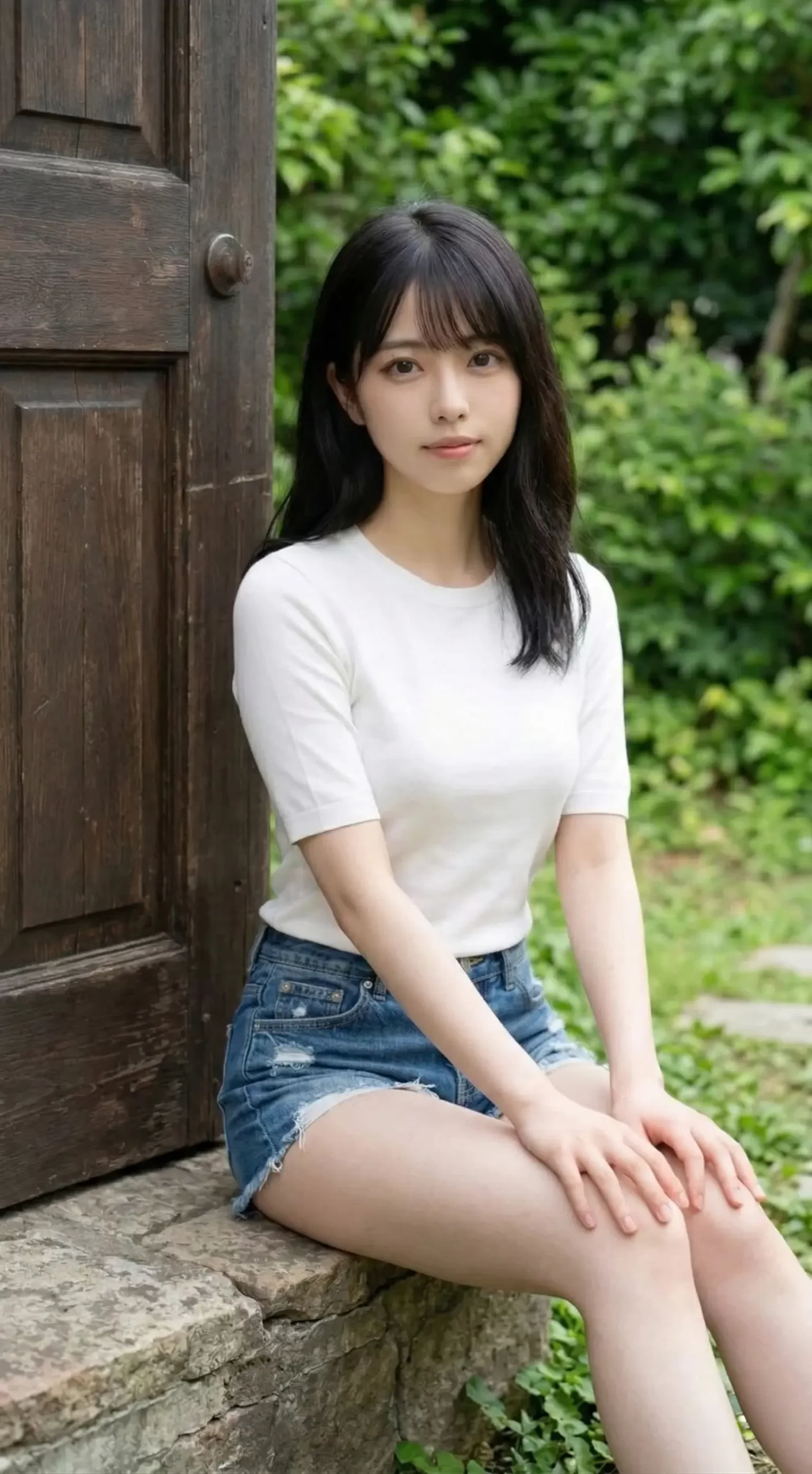 白いTシャツとデニムのショートパンツを着て、屋外の石段に座る黒髪の女性。