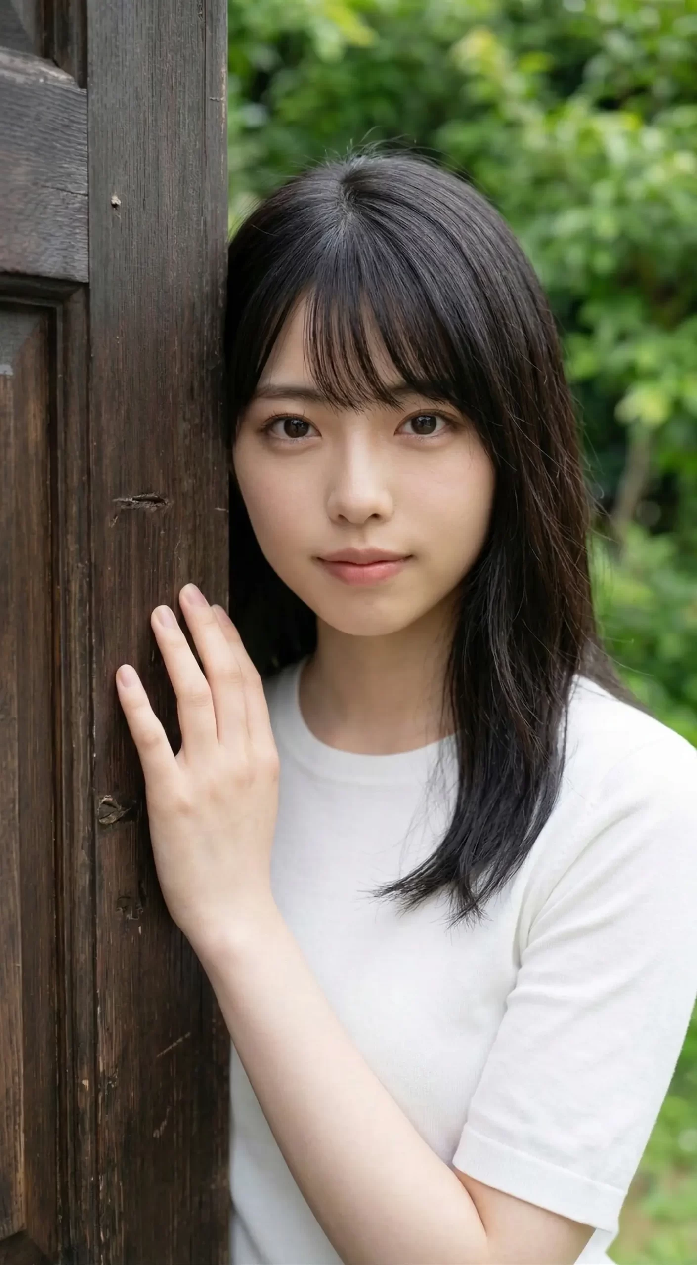 木造の柱に手を添えて佇む、白いシャツを着た黒髪の若い女性。背景には緑の木々。