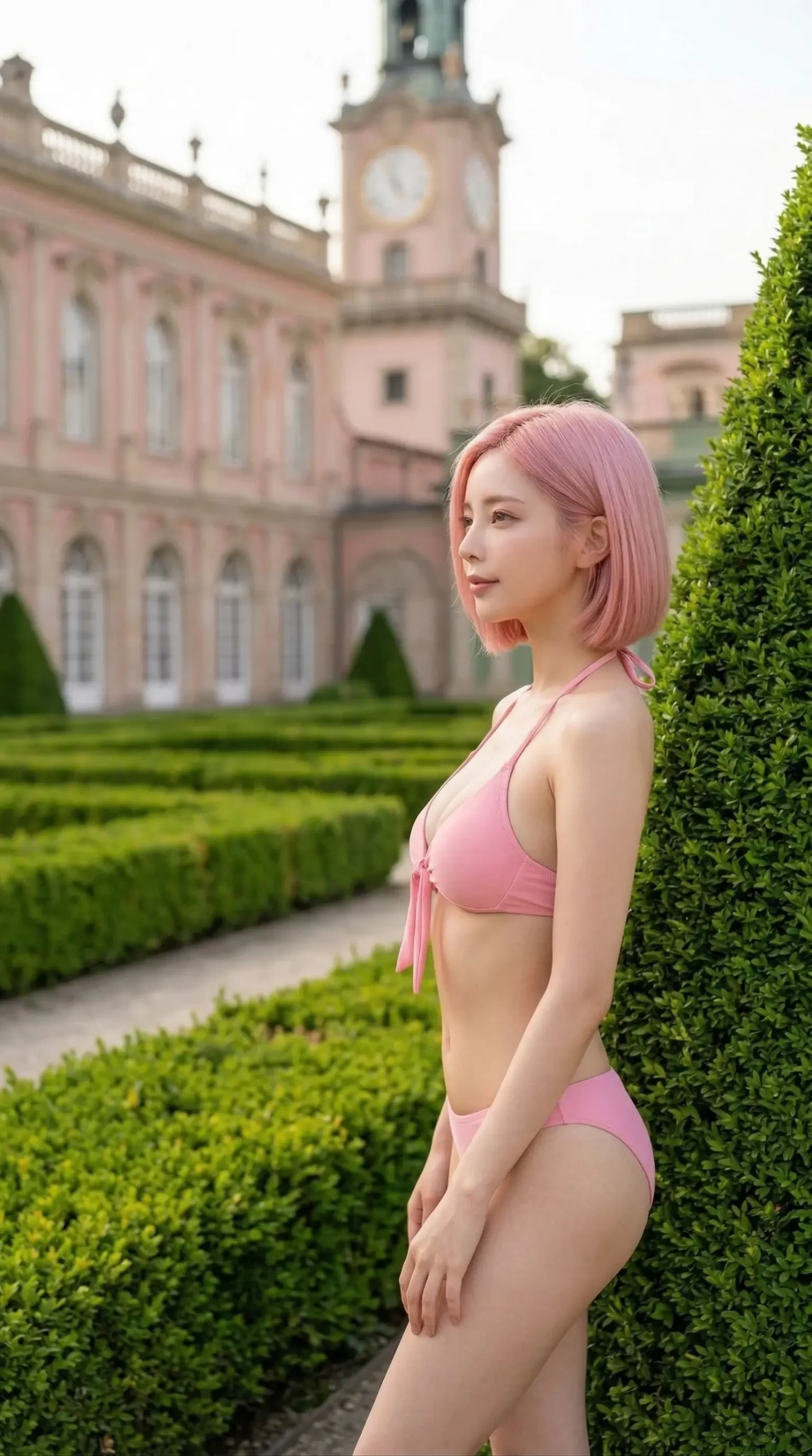 ピンクのビキニを着たピンク髪の女性が、洋館のある庭園で横を向いて立っています。