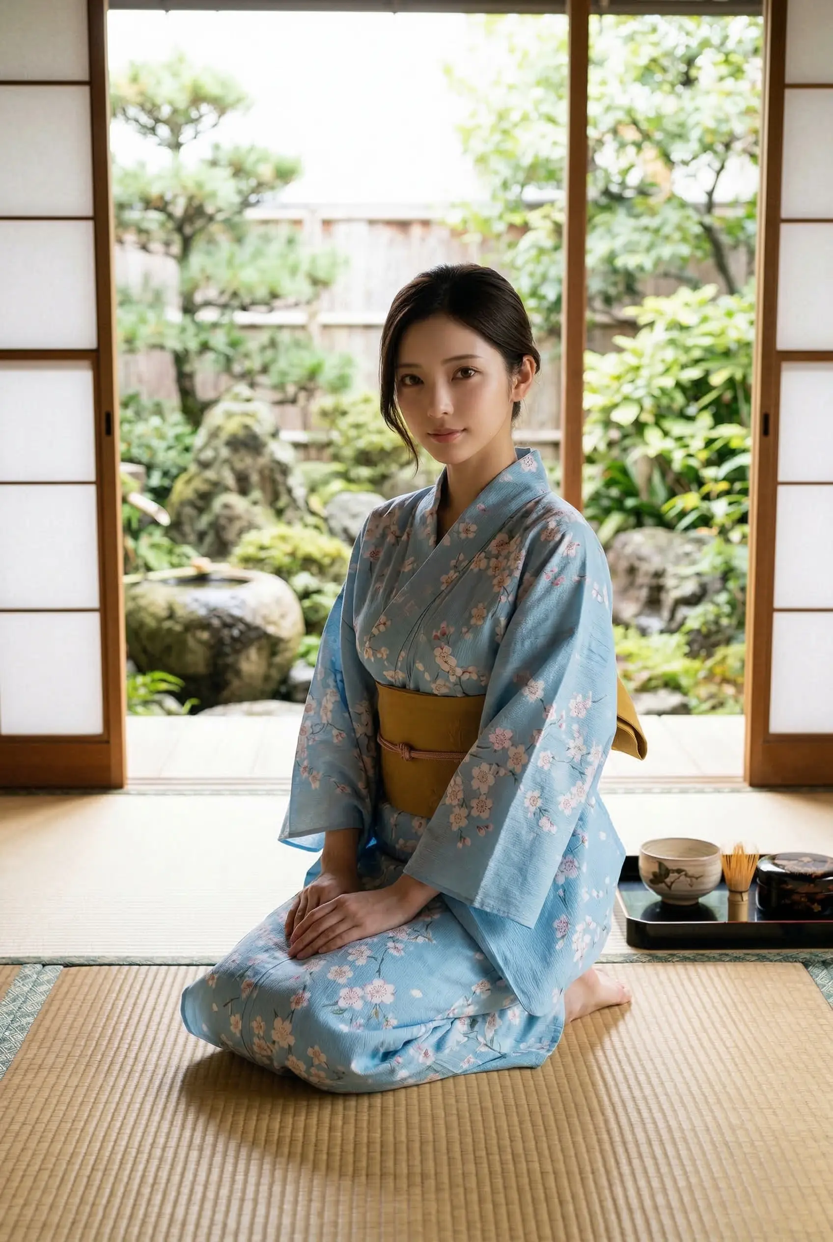 日本庭園を背景に、水色の着物を着た女性が和室の畳の上で正座している姿