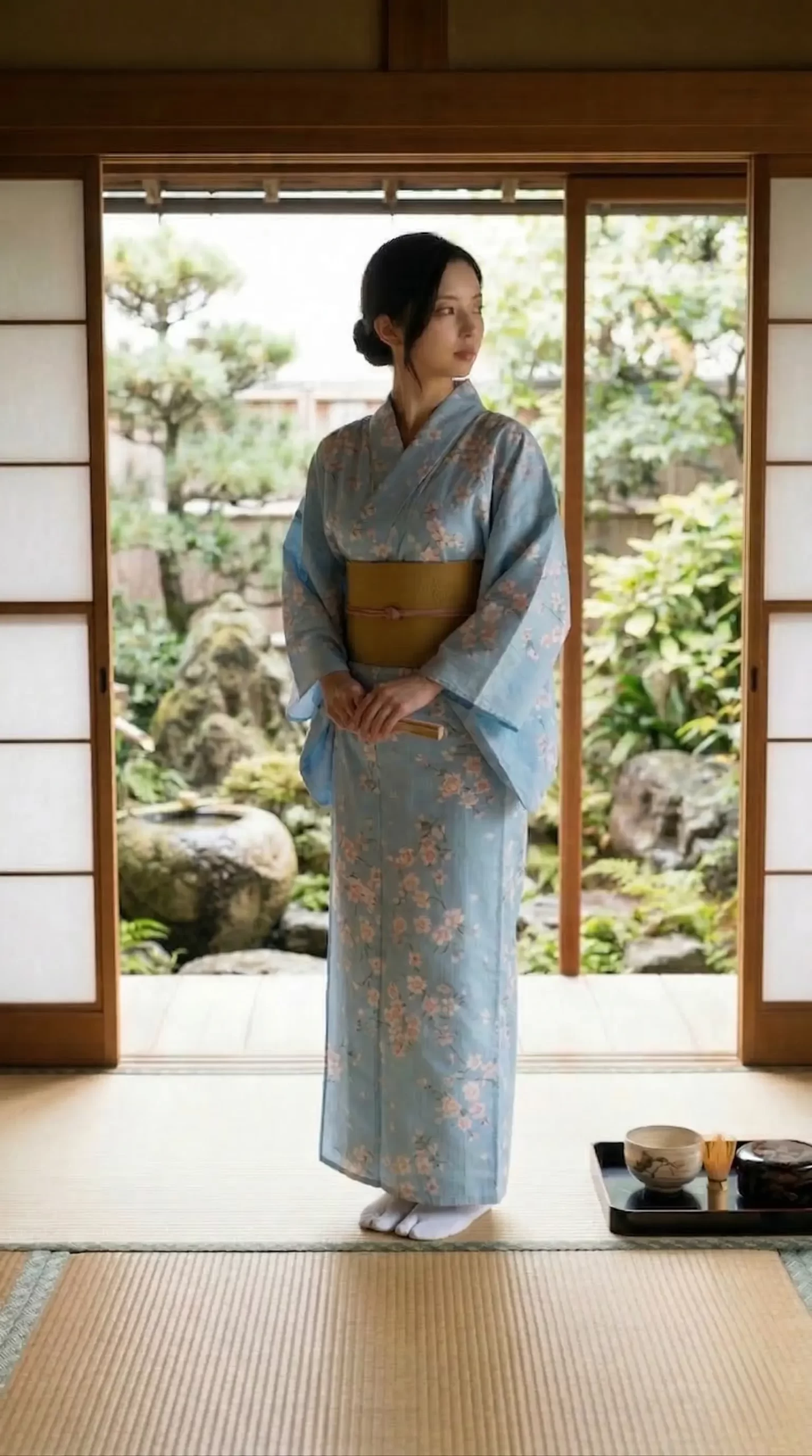 庭園を望む和室の縁側で、水色の着物を着て佇む女性。身なりを整え横を向いています。