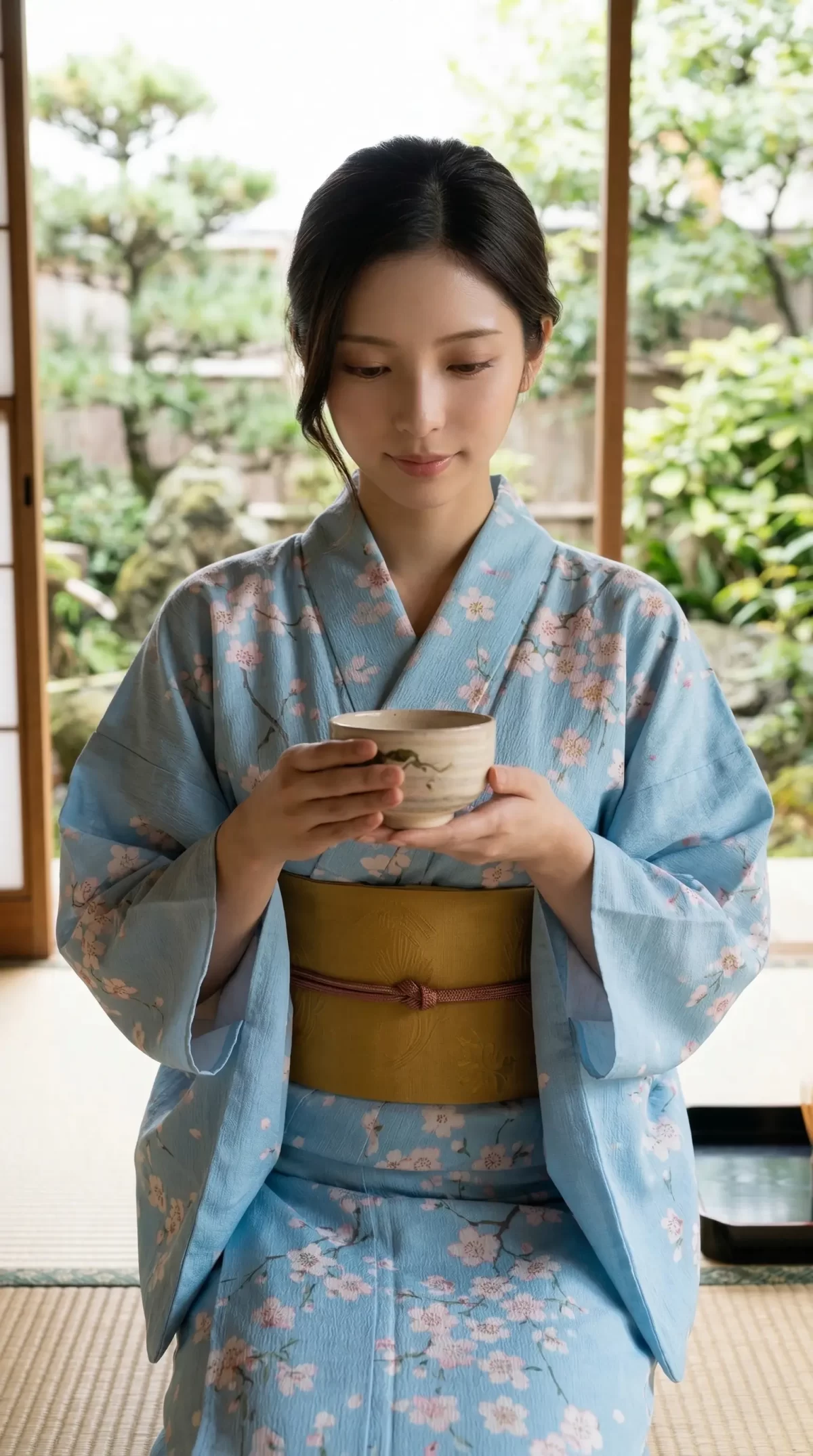 桜柄の水色の着物を着た女性が、和室で茶碗を両手で持ち、穏やかな表情で座っています。